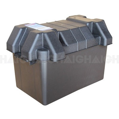 The Battery Link Battery Box Large is a durable black plastic box made from polypropylene, featuring a rugged rectangular design with a textured surface. It has a secure lid with raised edges and quick-release hold-down straps for easy access.