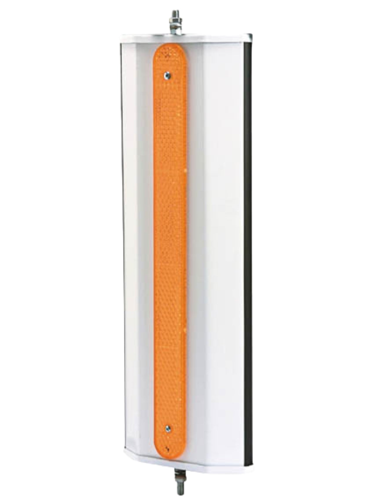 The Sunland-Protection West Coaster Mirror Head (450mm x 160mm) features a white rectangular design with a central vertical orange reflective strip and metal bolts—perfect for B1606 or Drive Head uses.