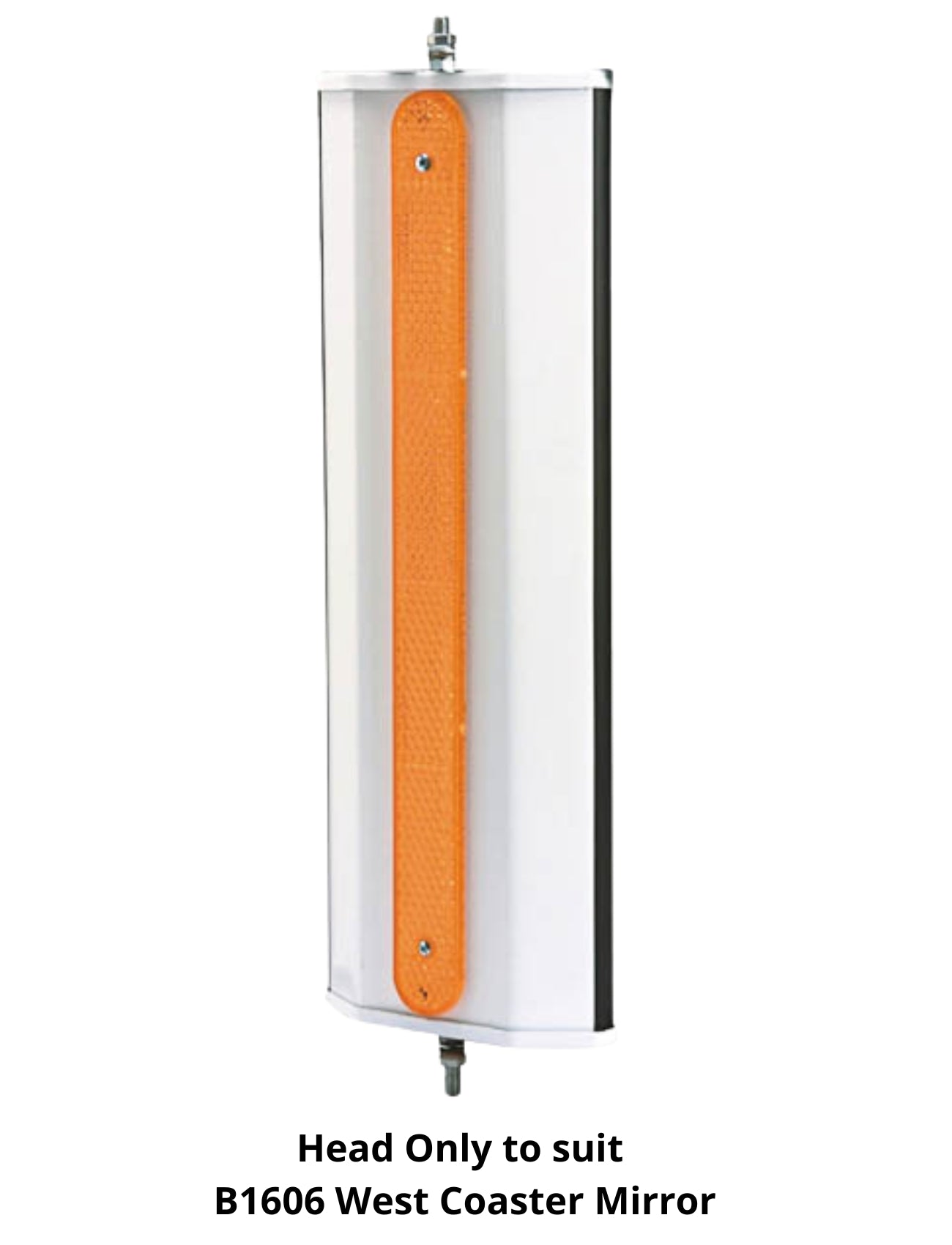 A reflective orange strip, 450mm x 160mm, is mounted vertically on a silver rectangular base. It's labeled "West Coaster Mirror Head" by Sunland-Protection and suitable for B1606.