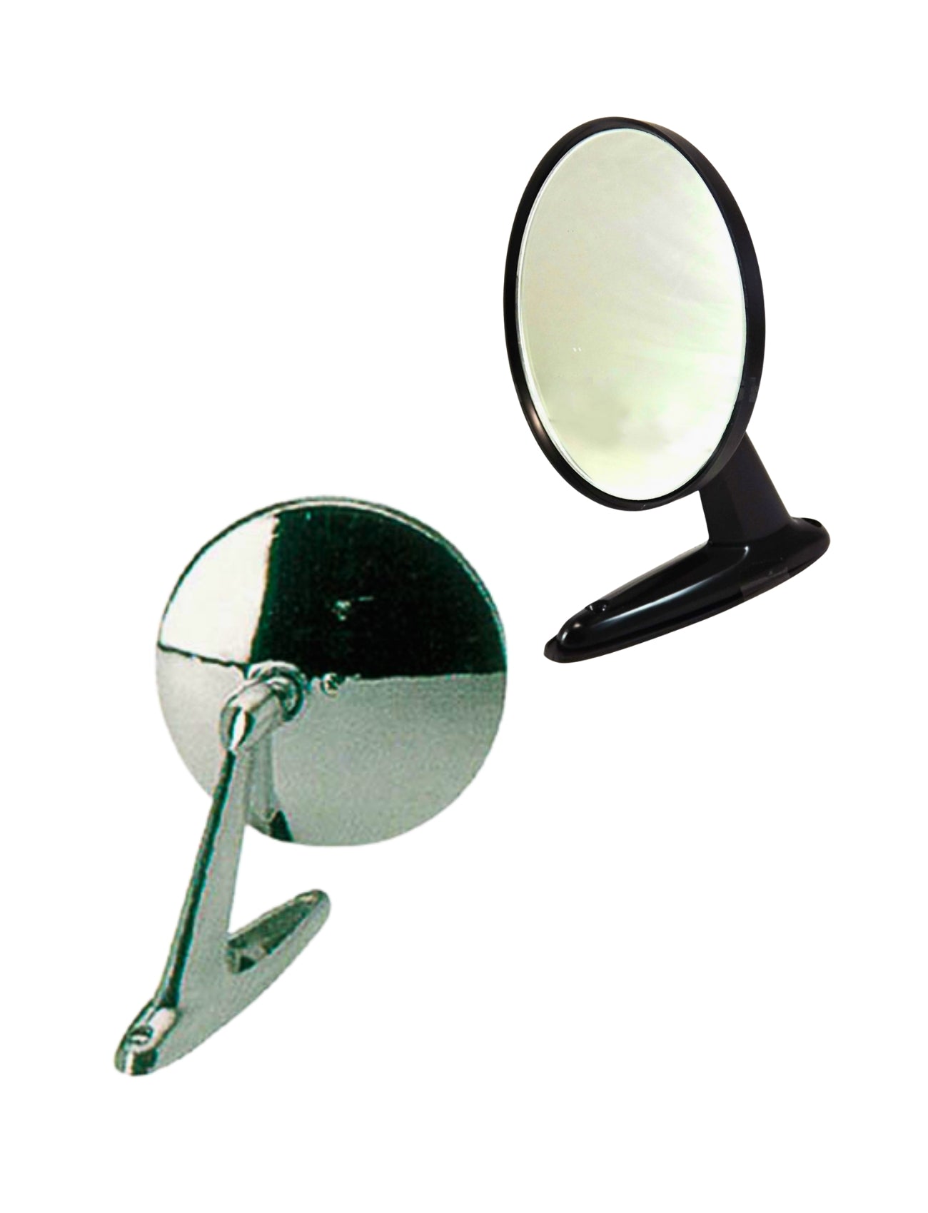 Two round mirrors are displayed. One, the MIRROR DOOR - UNIVERSAL ROUND CHROME by Sunland-Protection, is mounted on a silver bracket. The other is oval with a black base. Both are shown against a plain white background.