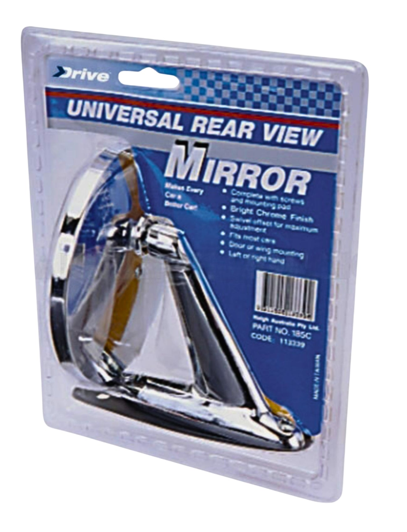 The Sunland-Protection MIRROR DOOR - UNIVERSAL ROUND CHROME is packaged in a clear blister pack with cardboard backing, highlighting its chrome finish, compatibility with most cars, and adjustable mounting.