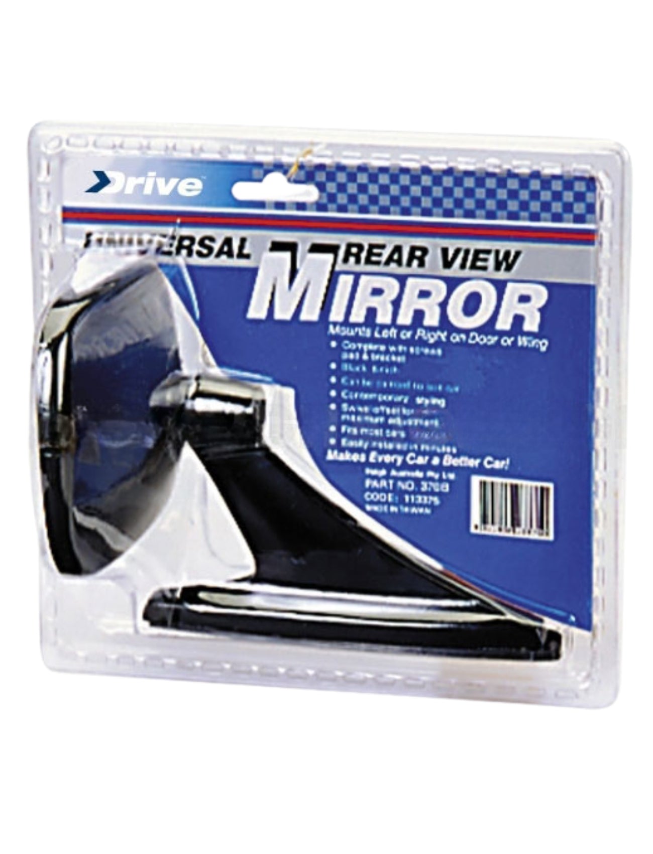 The Sunland-Protection MIRROR DOOR - UNIVERSAL SQUARE BLACK comes in blue and white packaging, showing product details and the square head mirror through a clear blister pack, suitable for mounting on car doors or wings.