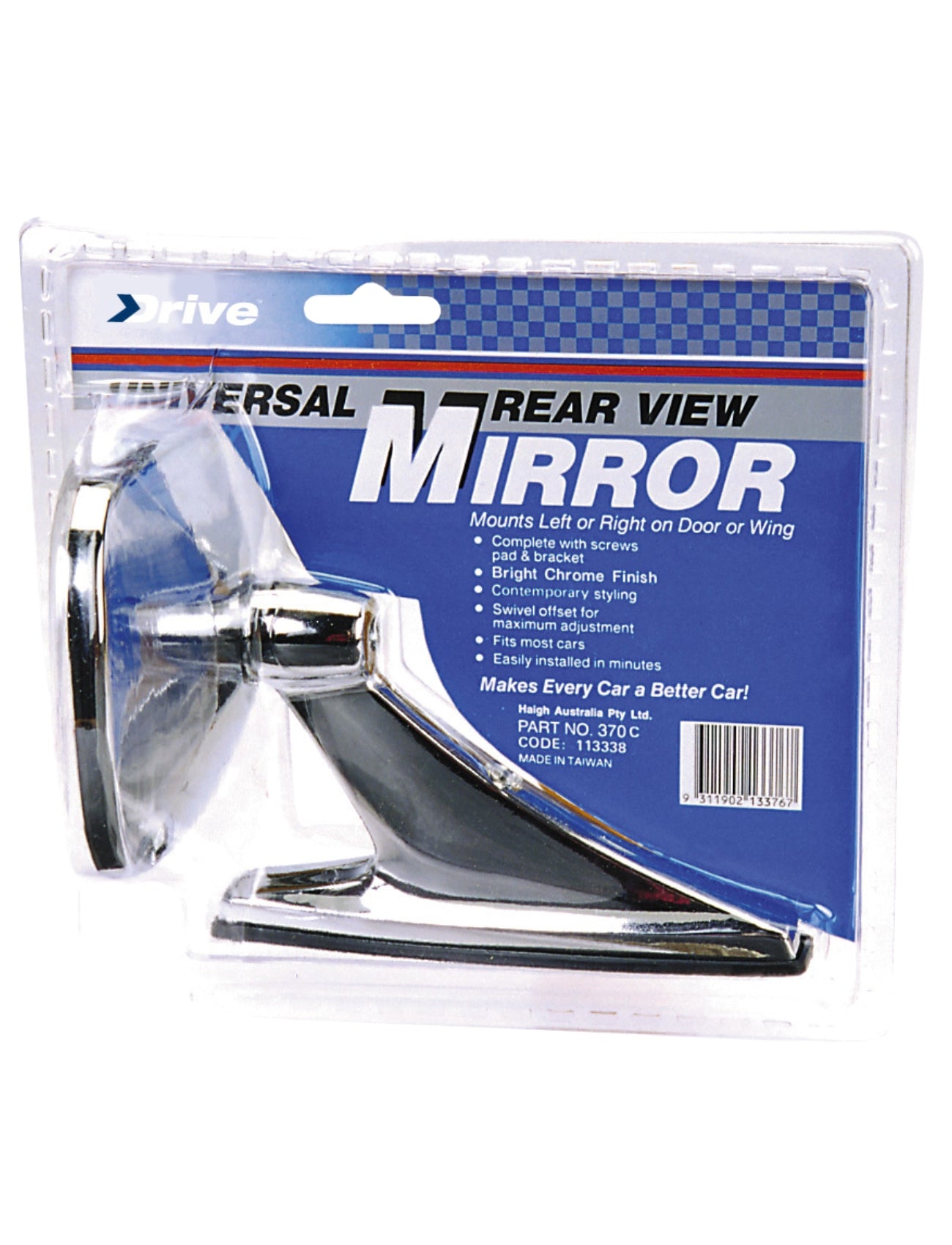 The packaging features the Sunland-Protection MIRROR DOOR - UNIVERSAL SQUARE CHROME, mountable on any door or wing. Set against a blue background, the text highlights its ability to reduce blind spots and enhance driving safety.