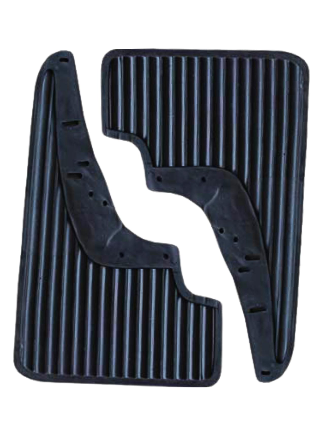 Two black rubber mud flaps with parallel grooves, optimized for heavy-duty use, are set against a white background. Designed to fit rear wheel wells with mounting holes, these Sunland-Protection MUD FLAPS - WIDE ensure durability and versatility for any vehicle.