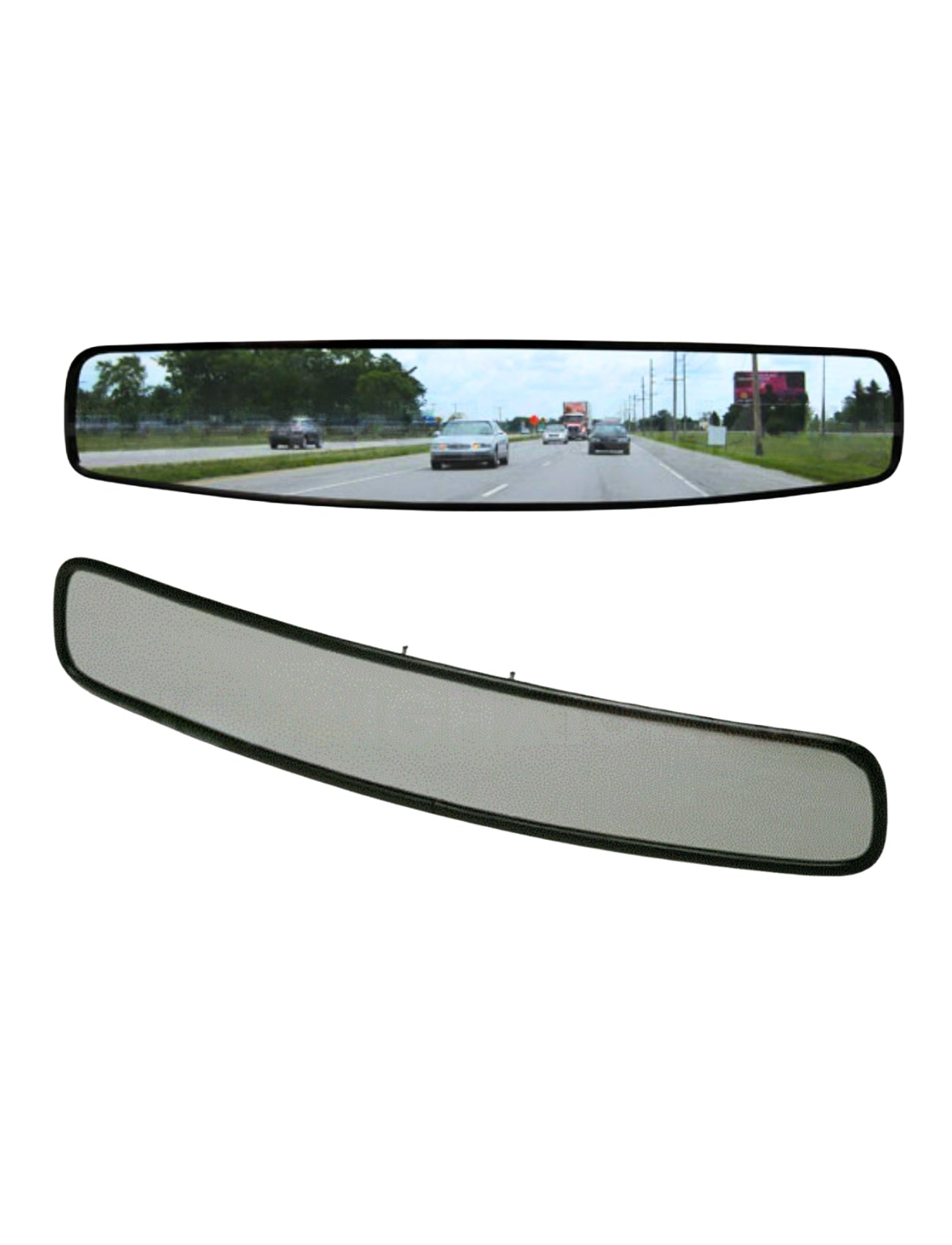 Two images of a Sunland-Protection rearview mirror: the top showcases the MIRROR REAR VIEW - PANO 430 x 75mm, enhancing multi-lane visibility with its panoramic convex design on a busy road; the bottom shows its non-reflective backside.
