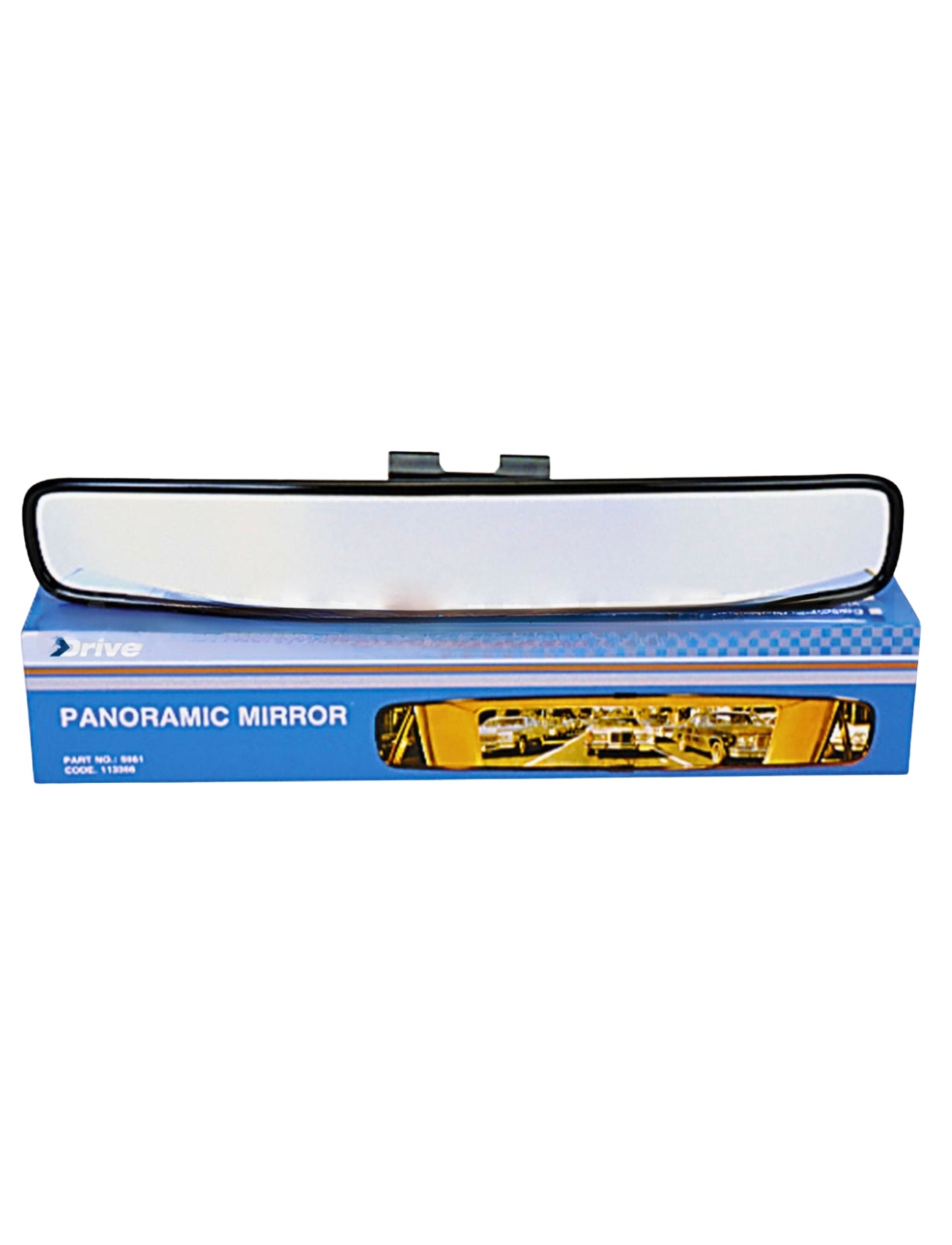 The Sunland-Protection MIRROR REAR VIEW - PANO 430 x 75mm rests on its blue box labeled "Panoramic Mirror," with a partial car interior image, designed to reduce blind spots and enhance driving safety.