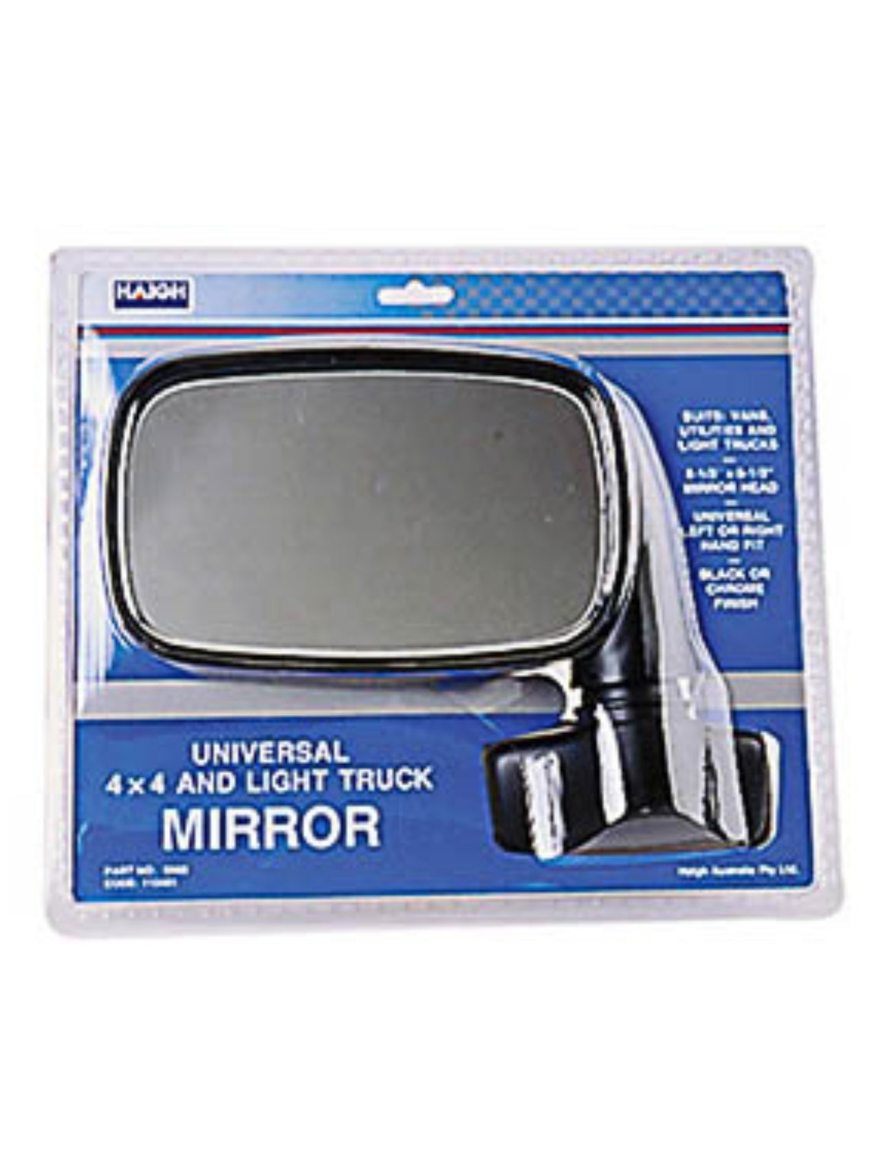The Sunland-Protection MIRROR DOOR UNIVERSAL 4x4/VAN (140x215mm) features a black finish, designed for easy fitting on 4WDs and light trucks. Its slight curvature offers wide-angle visibility, and the blue/white packaging includes product details.