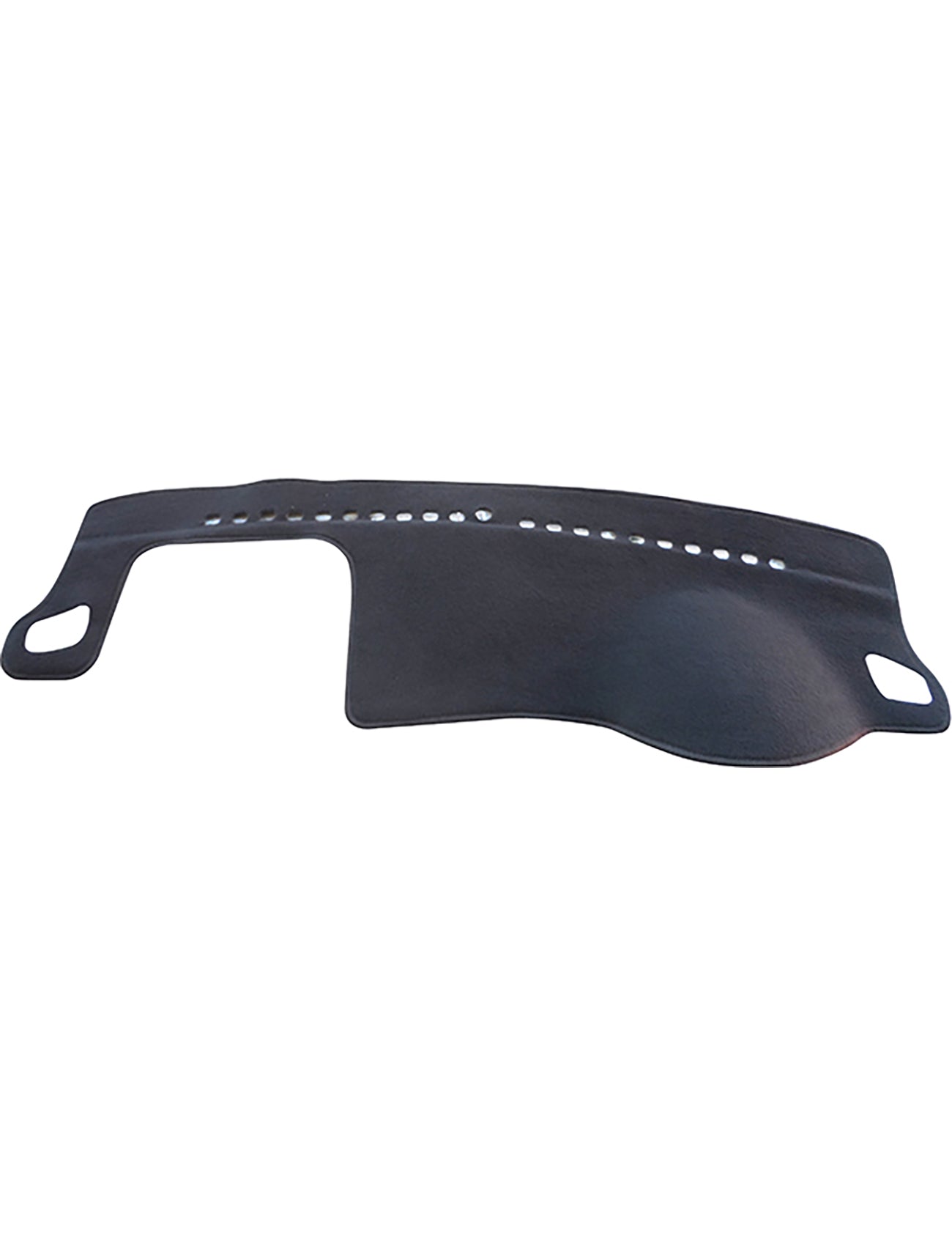 The Sunland-Protection Kia Rio Dash Mat is a black, curved mat with ventilation holes designed for sun protection. Its two looped ends make attachment easy, enhancing your vehicle's style and resale value.