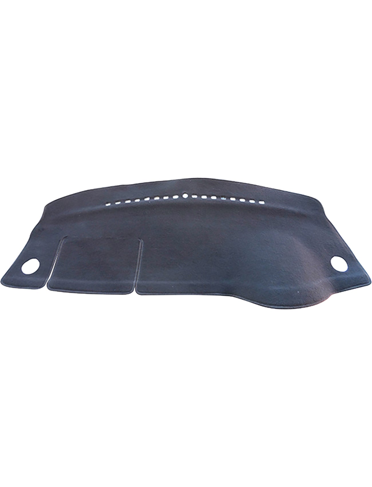 The Sunland-Protection Kia Rio Dash Mat features a black contoured shape with small perforations for glare protection, two circular cutouts for airbag safety, and a left-side rectangular flap, making it an ideal automotive accessory.