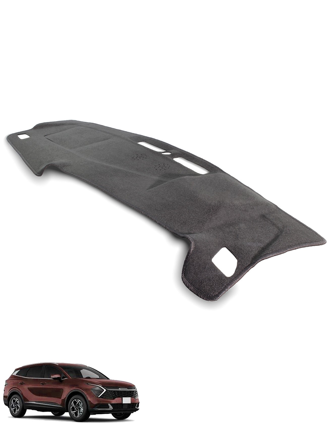 A Sunland-Protection Kia Sportage NQ5 PE Dash Mat in black is displayed above a maroon Kia Sportage SUV, shown from the front left angle on a white background.