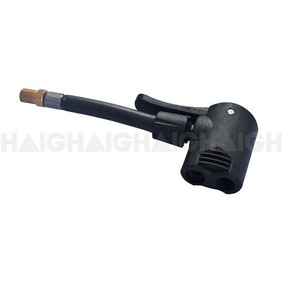 Introducing the Dr Air Thumb Lock Adaptor Dual Head: a black bicycle tire pump valve head with a lever and brass connector. It features threaded valve connectors for seamless attachment to both Presta and Schrader valves during inflation.
