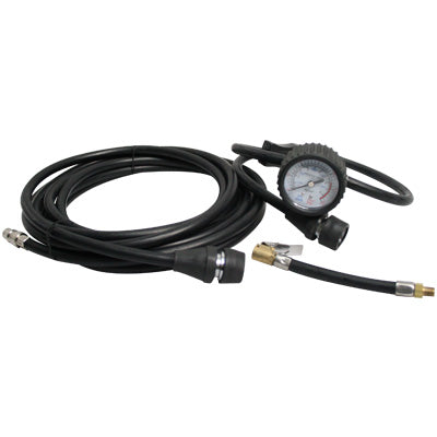 The Air Hose with Gauge 5m by Mean Mother 4x4, made from reinforced rubber in a coiled black design, is equipped with a pressure gauge, brass connector, and nozzle at its ends—perfect for use with air compressors when inflating tires.