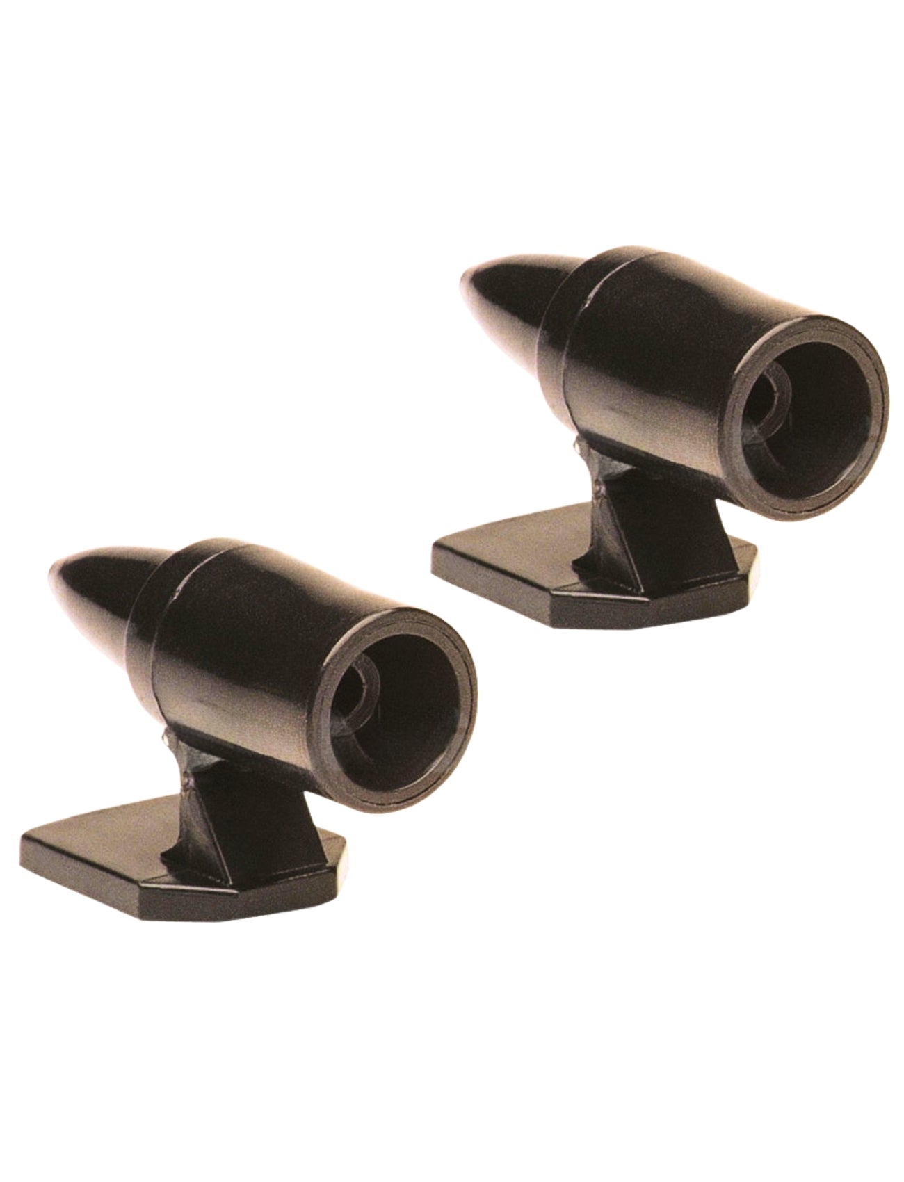 Two black, bullet-shaped Sonic Animal Guard mini spotlights by Sunland-Protection on rectangular bases, perfect for deterring kangaroos outdoors. Australian made and shown side by side on a white background.