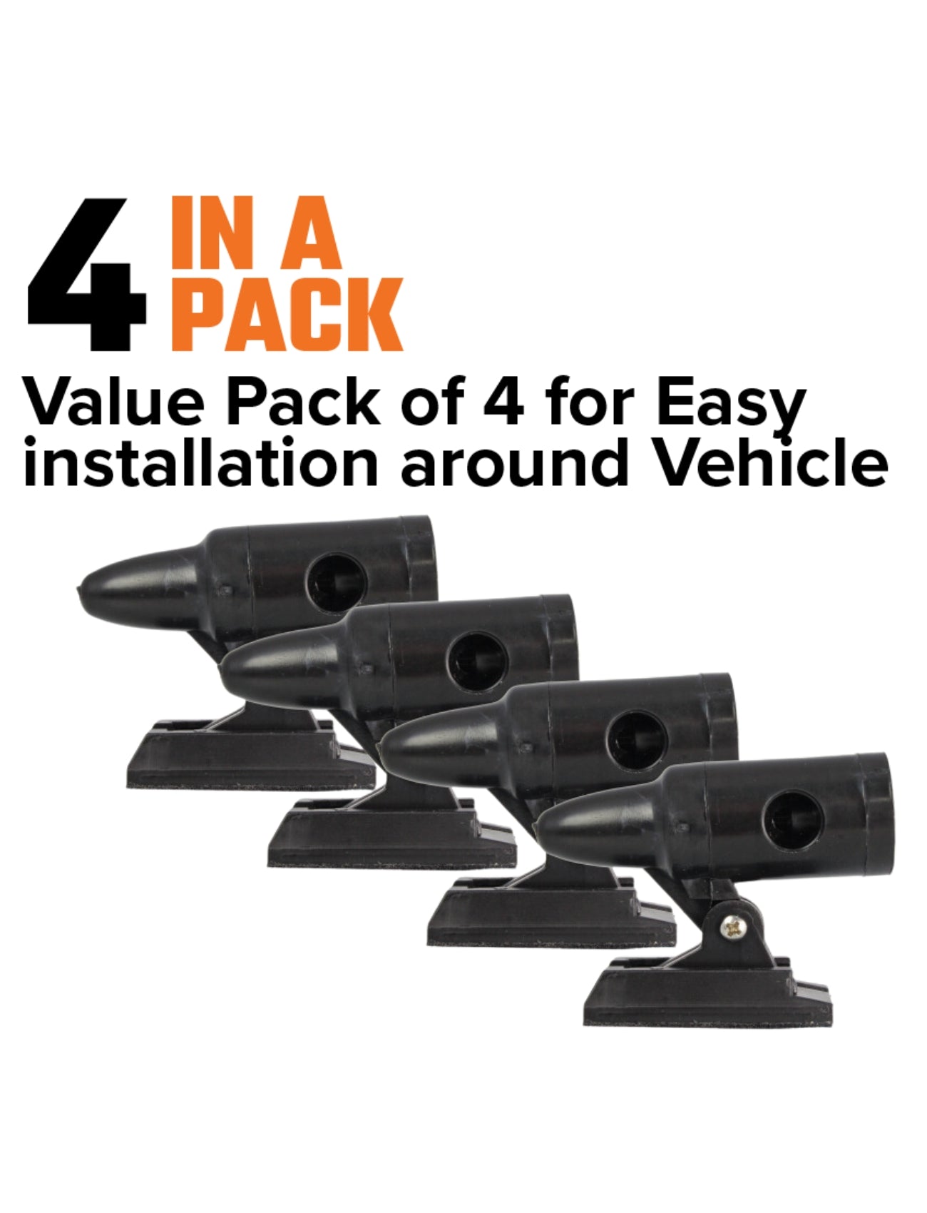 Four black accessory mounts from Sunland-Protection's Roo Repeller 4 Pack are showcased in a row. The text above reads, "4 in a Pack - Value Pack of 4 for Easy installation around Vehicle," ideal for Roo Repeller setups or animal deterrents ensuring safety on your drives.