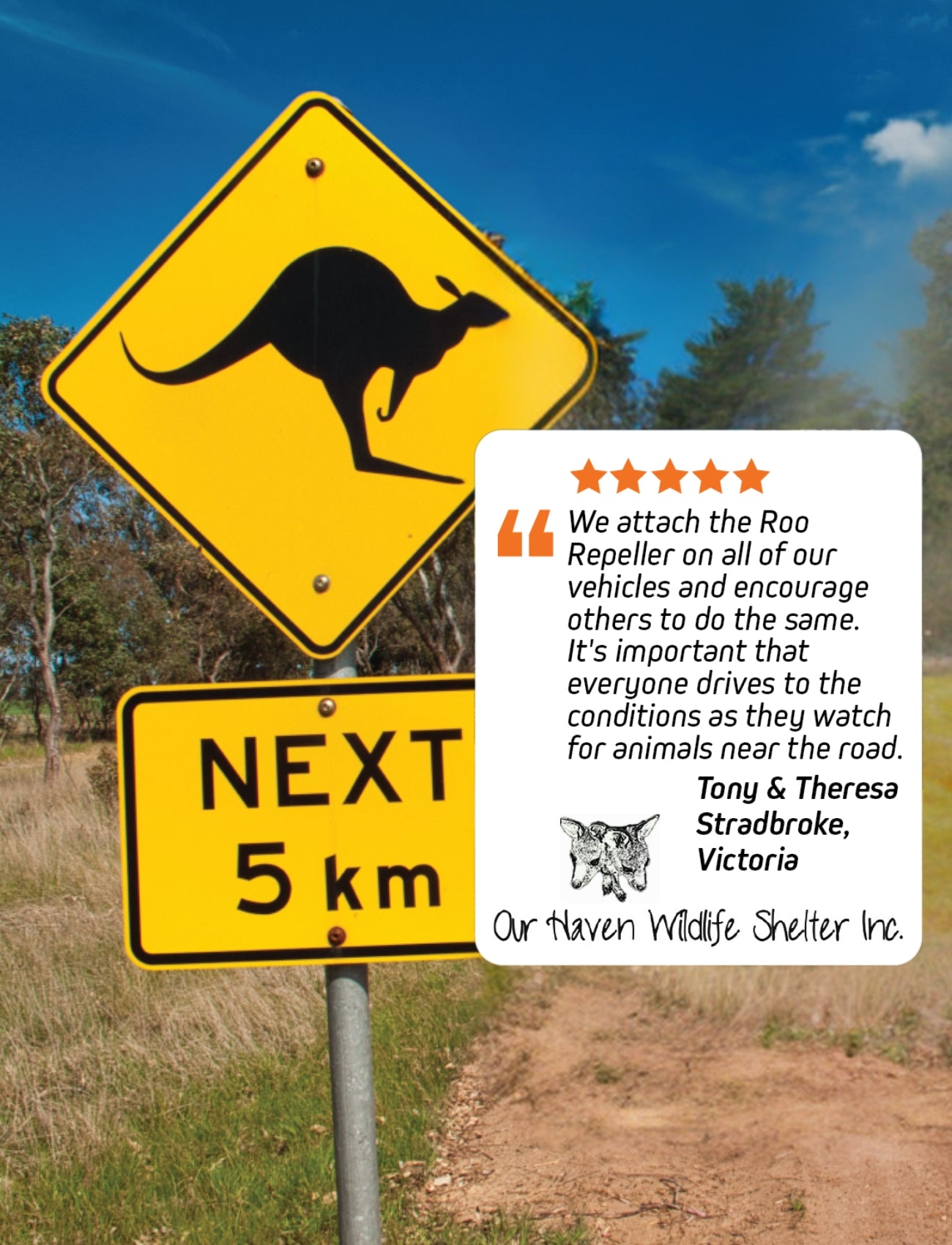 A "NEXT 5 km" kangaroo crossing sign contrasts with a clear sky and lush trees. An inset review praises Sunland-Protection's Roo Repeller, a top kangaroo deterrent endorsed by Tony & Theresa from Victoria. Our Haven Wildlife Shelter Inc.'s logo appears at the bottom.