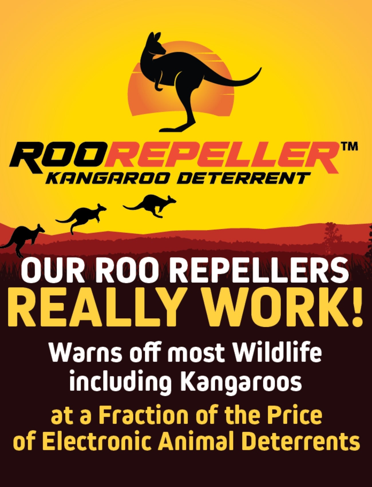 A vibrant yellow and orange poster with kangaroo silhouettes promotes Sunland-Protection's Roo Repeller, an animal deterrent. It's an effective kangaroo deterrent that works on most wildlife and is more affordable than electronic options. Sold as a 4 pack.