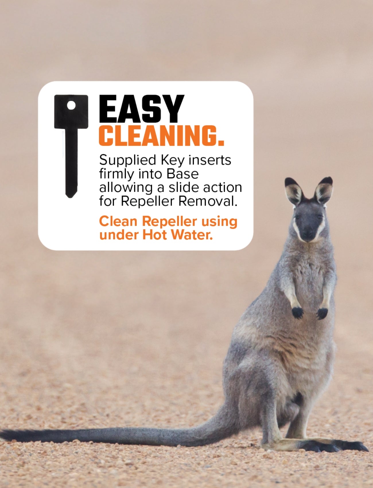 An image of a kangaroo on dirt highlights the Sunland-Protection Roo Repeller, emphasizing easy cleaning; use the supplied Key for removal and clean with hot water. Perfect for those in need of effective animal deterrents.