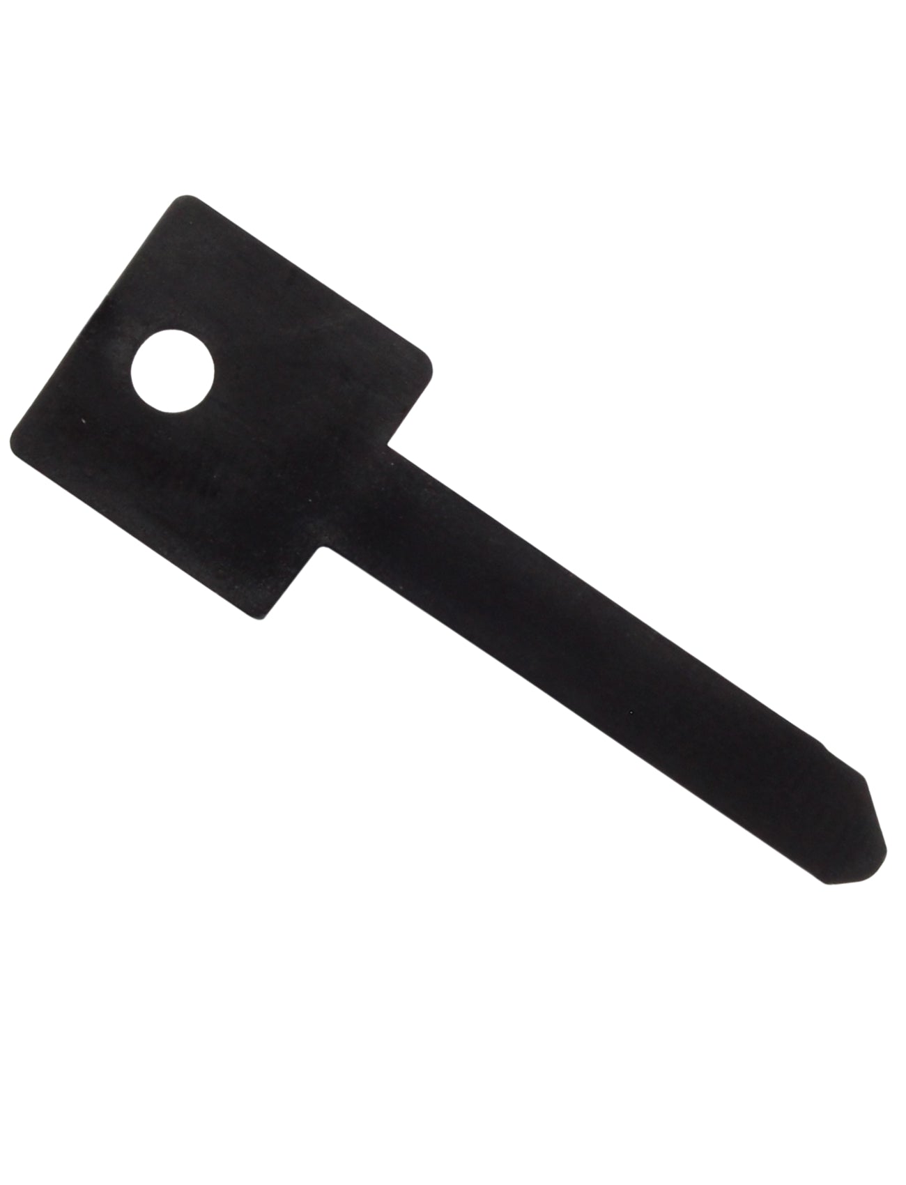 A black key-like metal Roo Repeller by Sunland-Protection, featuring a rectangular head with a central circular hole, serves as an effective kangaroo deterrent. Its long, narrow shaft with a pointed tip stands out on a white background among other animal deterrents.