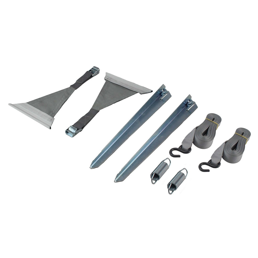 Components of the Explore Caravan Awning Tie-Down Kit by Explore: Featuring two grey adjustable straps with hooks, two metal stakes, two metal brackets with attached straps, and two storm pegs. The items are organized neatly on a plain white background.