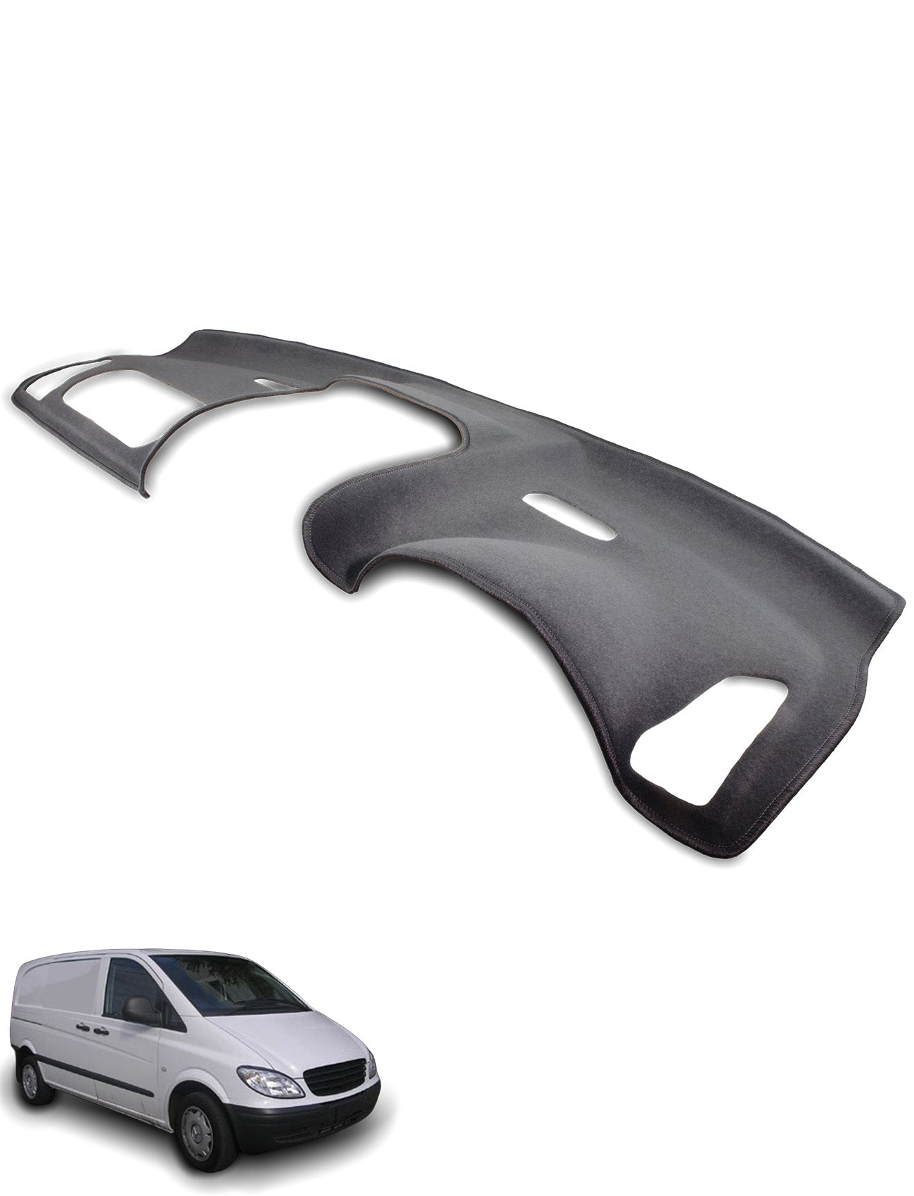 A black Sunland-Protection Mercedes Benz Vito Dash Mat with cutouts is shown above a small image of a white van facing left on a plain white background.