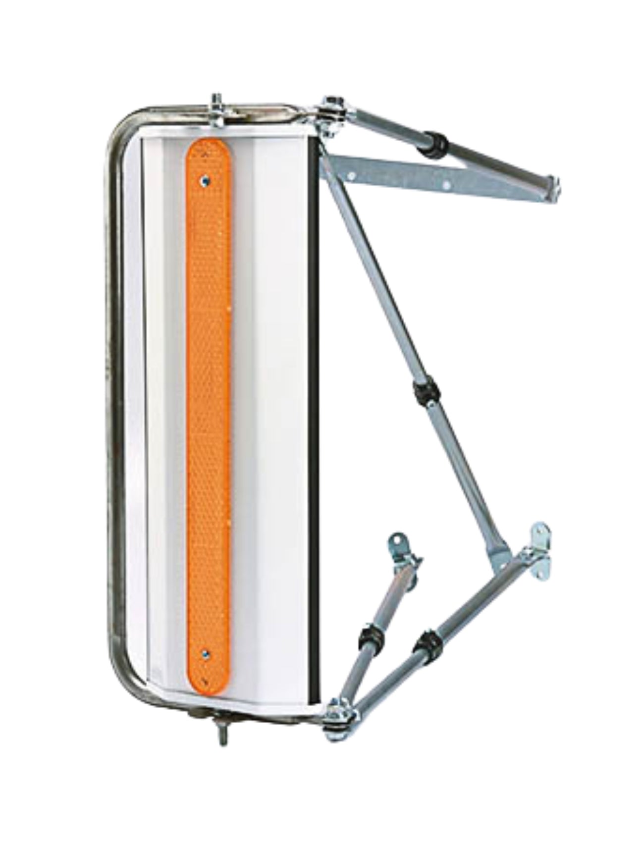 The MIRROR WEST COASTER - WHITE SINGLE UNIT by Sunland-Protection is a universal metal and plastic basketball hoop extension arm with an orange reflective strip. It includes sturdy mounting brackets and an adjustable frame, all set against a white background.