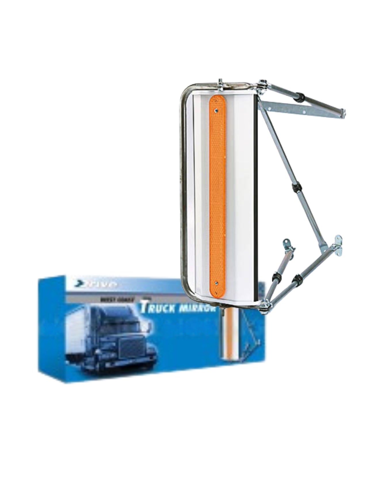 Displayed is a Sunland-Protection West Coaster mirror with orange reflector and adjustable metal arms. Behind it, a blue and white box shows an image of large trucks.