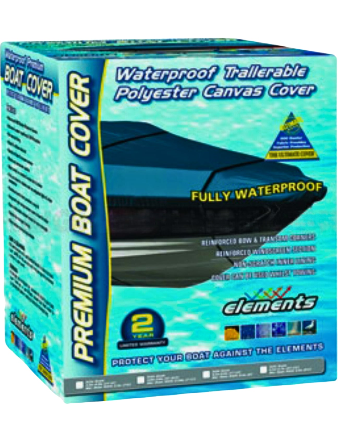 The image showcases Sunland-Protection's premium Boat Cover Canvas for 5.2m-5.8m boats in a sleek box. Made from waterproof 600 Denier Polyester, it's perfect for trailers with reinforced bow and transom, has an elasticised hem for a snug fit, is labeled "Fully Waterproof," and includes a 2-year warranty.