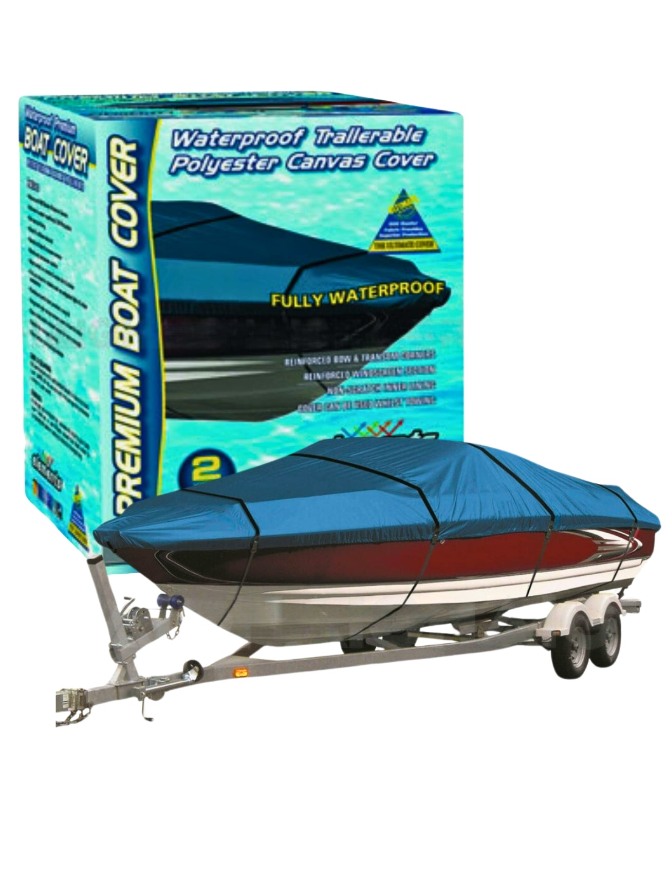 A Sunland-Protection Boat Cover Canvas, fitting 6.0m - 6.7m boats, is on a trailer with its box highlighting premium UV-stabilized and waterproof features for the trailerable cover.
