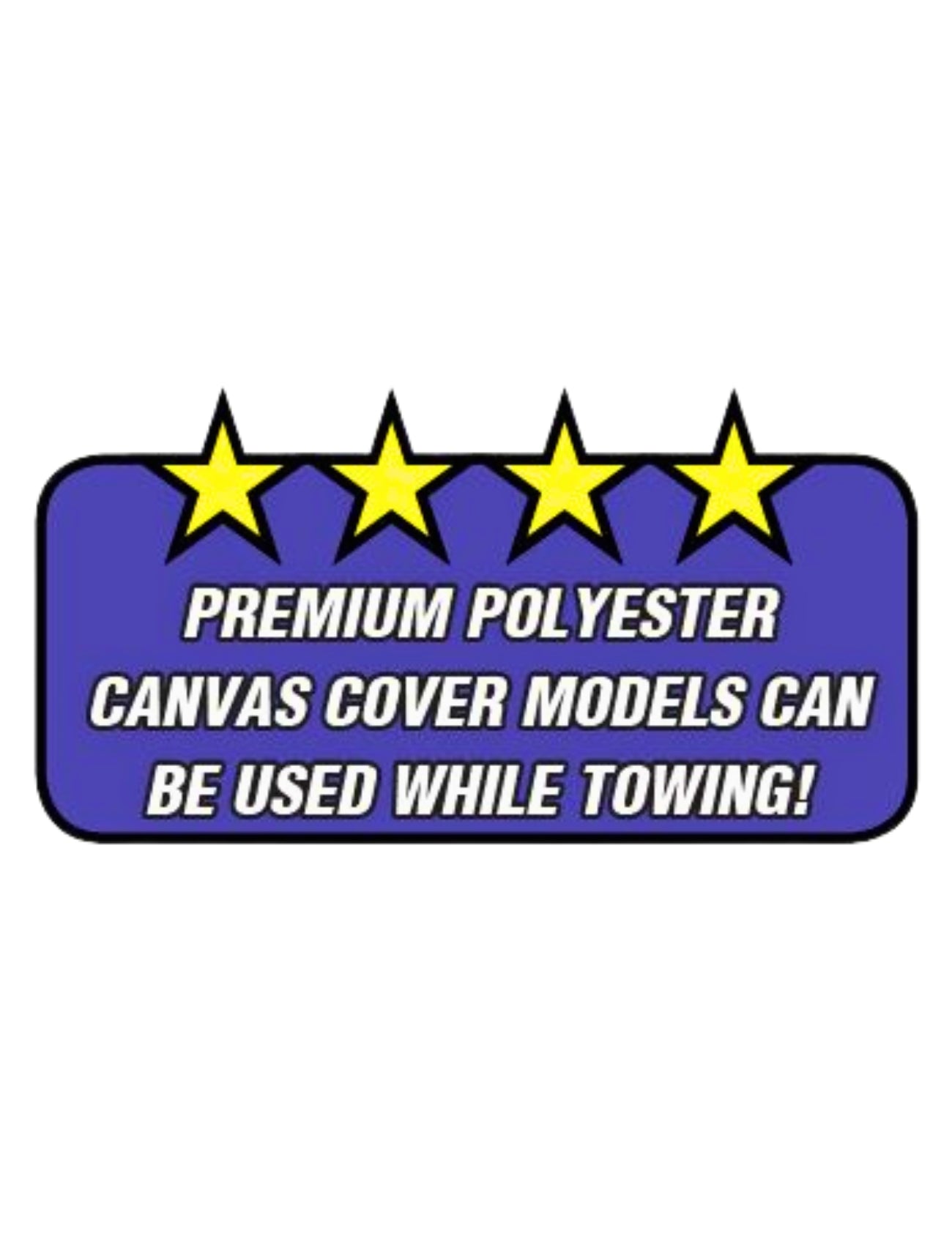 A blue rectangle with four yellow stars and text: "Sunland-Protection Boat Cover Canvas fits 5.2m - 5.8m models, made of premium waterproof 600 Denier Polyester and can be used while towing!" Features an elasticized hem for a snug fit, perfect as a boat cover.