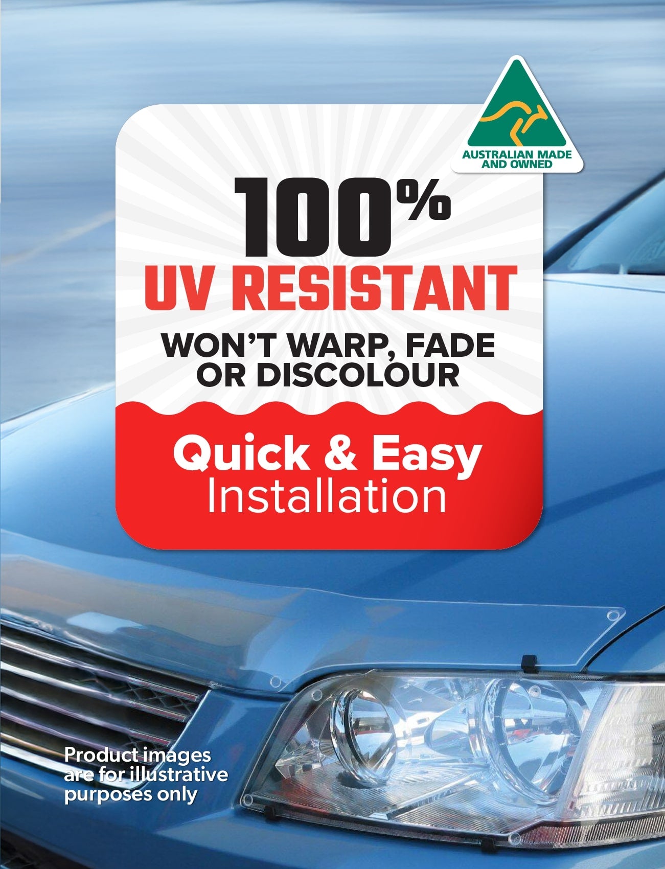 A Hyundai Lantra (07/1993-07/1995) car displays custom-moulded Sunland Protective Plastics Bonnet Protector. The sign reads: "100% UV Resistant, Won't Warp, Fade or Discolour, Quick & Easy Installation." Made from UV stable acrylic with an Australian Made and Owned logo. Images for illustrative purposes only.