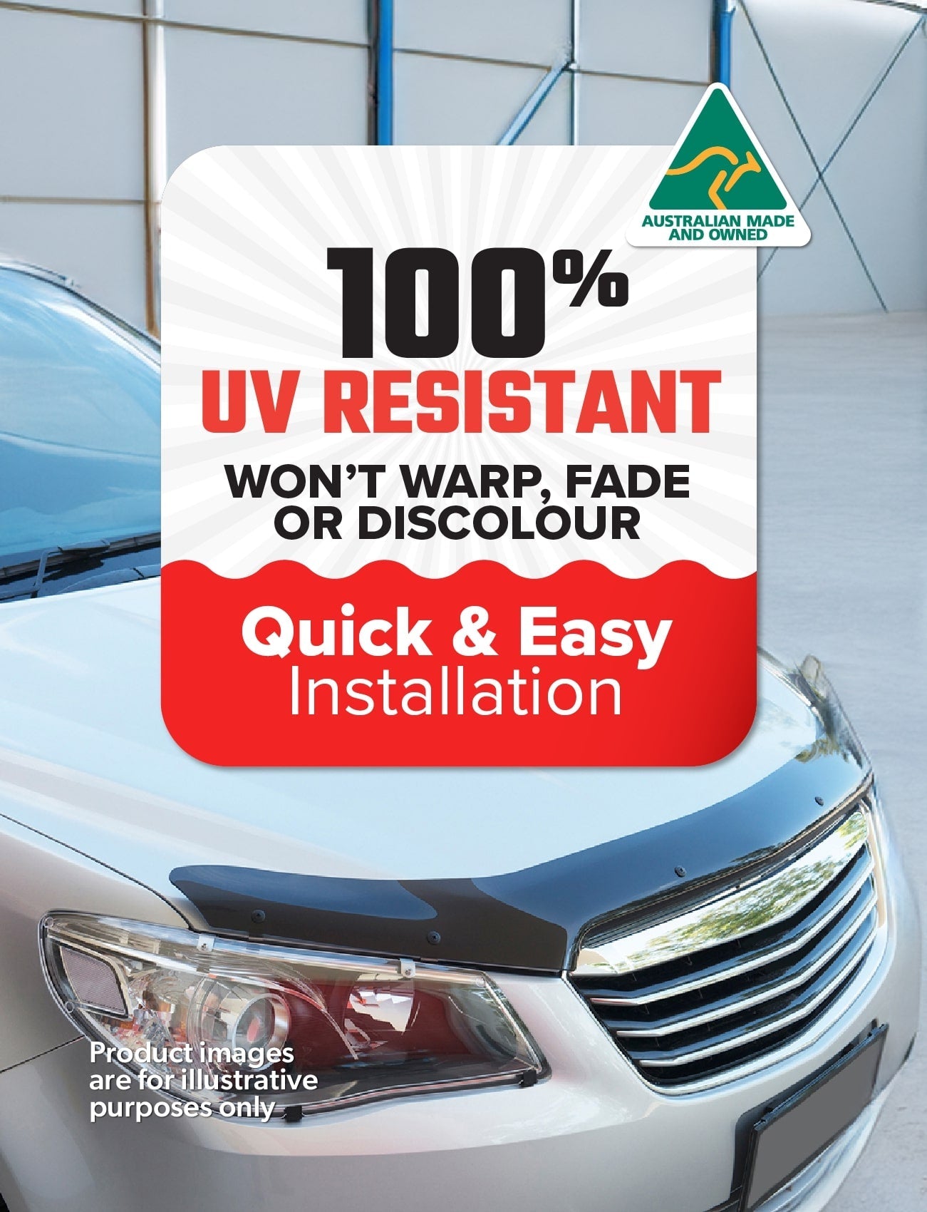 The Sunland Protective Plastics Bonnet Protector for VW Amarok NF (12/2022-On) offers "100% UV Resistant: Won't warp, fade, or discolour. Quick & Easy Installation." Made from durable UV stable acrylic, it features the Australian Made symbol.