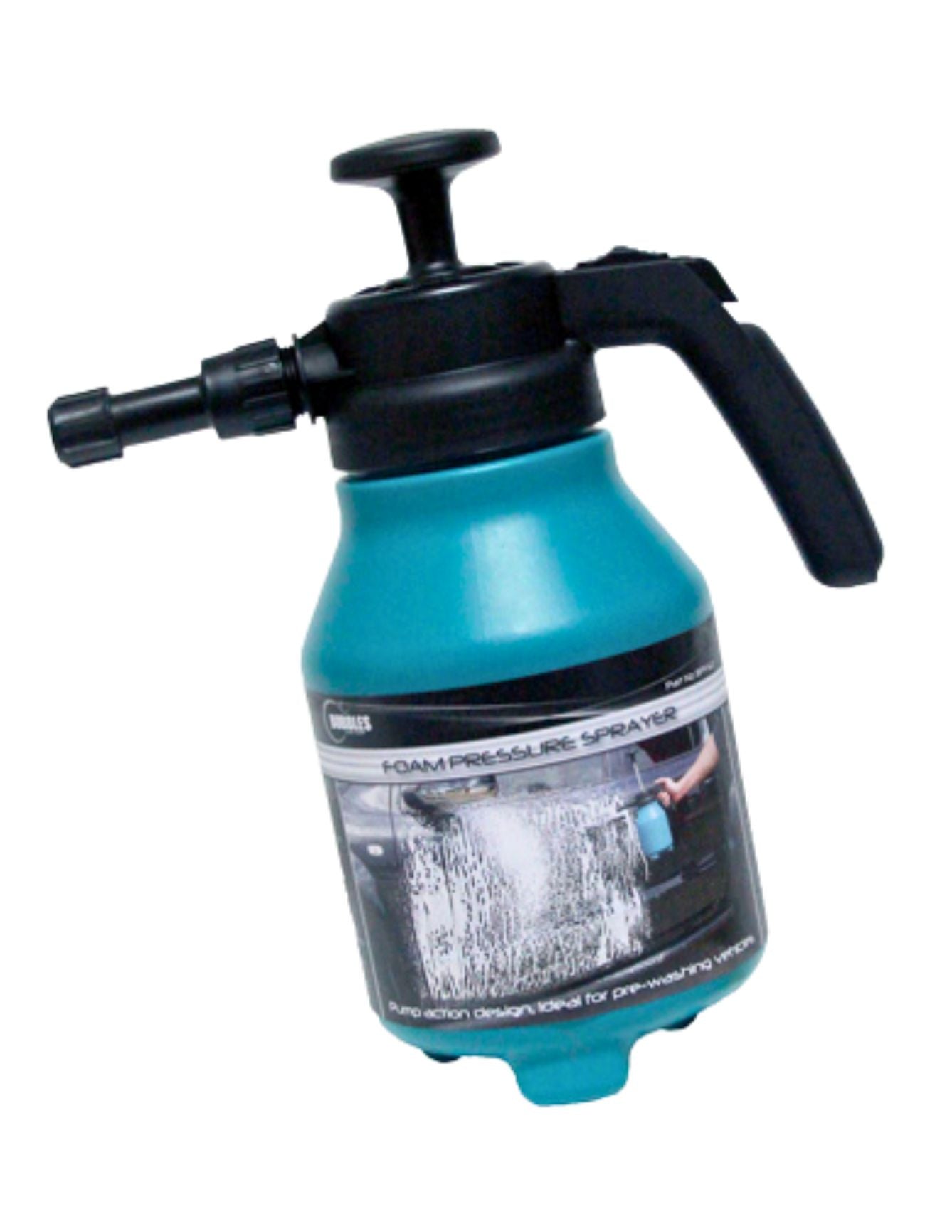 The Sunland-Protection Foam Pressure Sprayer 2L in teal and black boasts an adjustable spray nozzle and handle, perfect for foaming vehicle pre-wash. Its label illustrates the sprayer in use, highlighting its efficiency and ease of use.