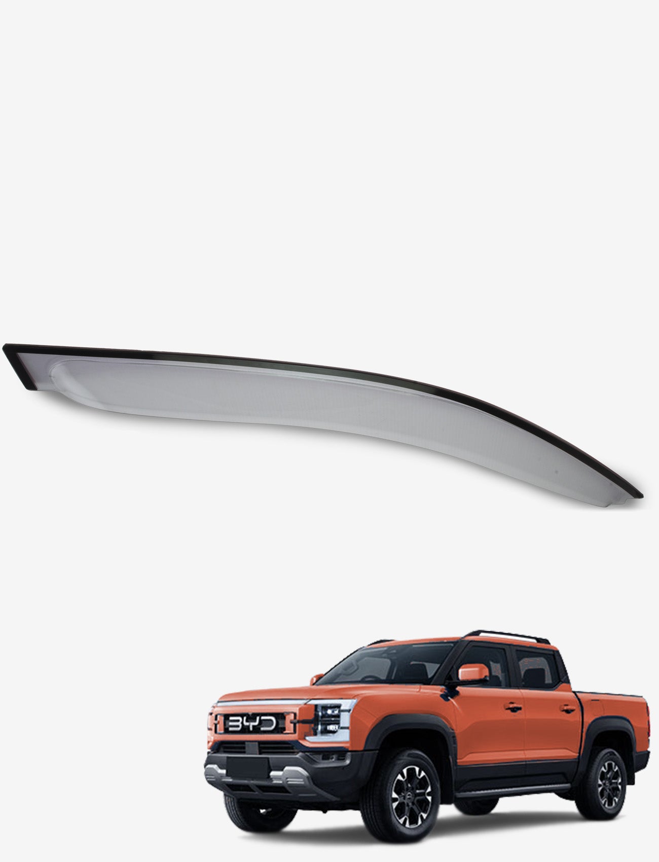 A Sunland Protective Plastics BYD Shark 6 Weathershield, Slimline Light Tint (Driver) is displayed above an orange BYD pickup truck on a white background.