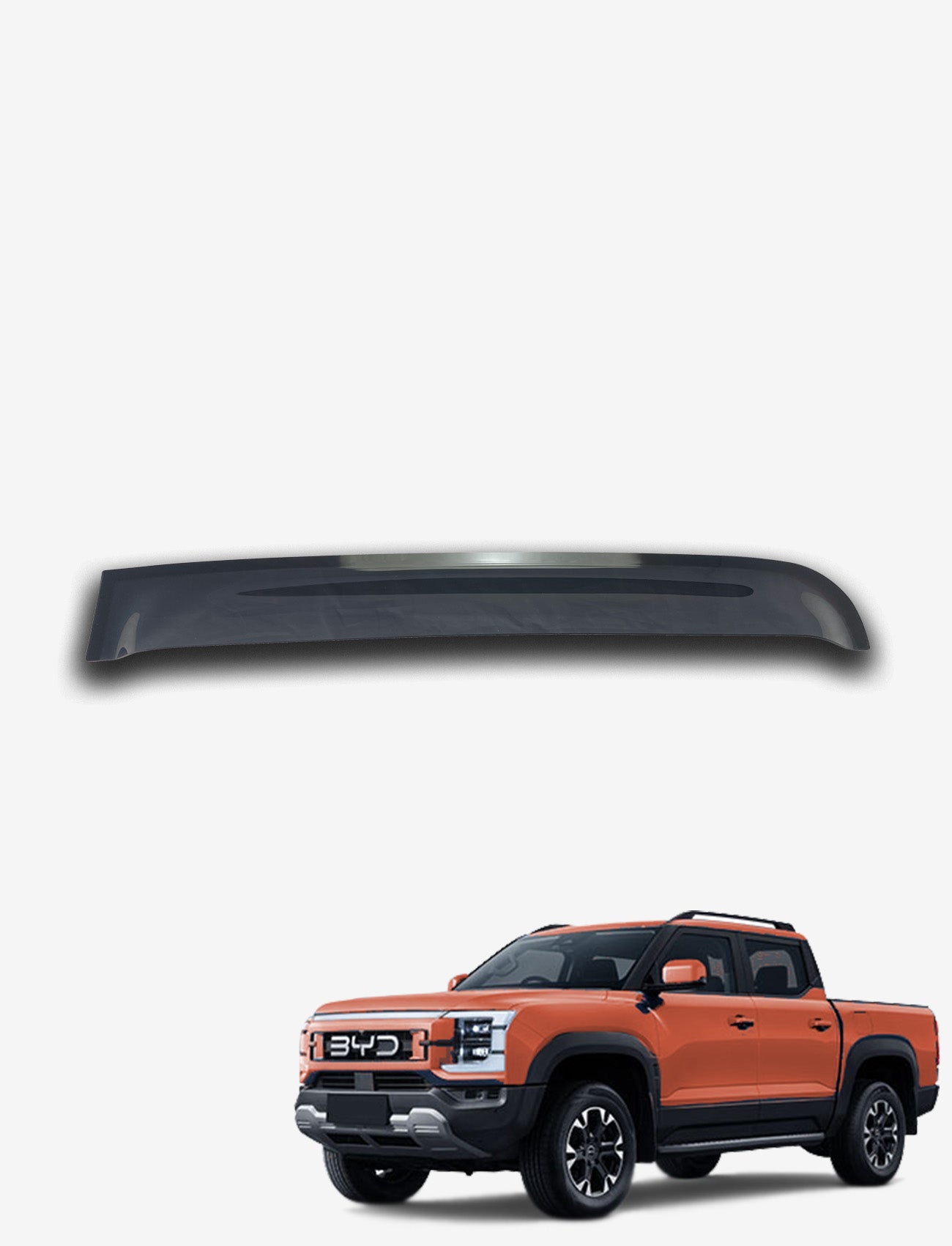 A slimline, dark-tinted BYD Shark 6 Weathershield from Sunland Protective Plastics is displayed above an orange BYD pickup truck on a plain white background.