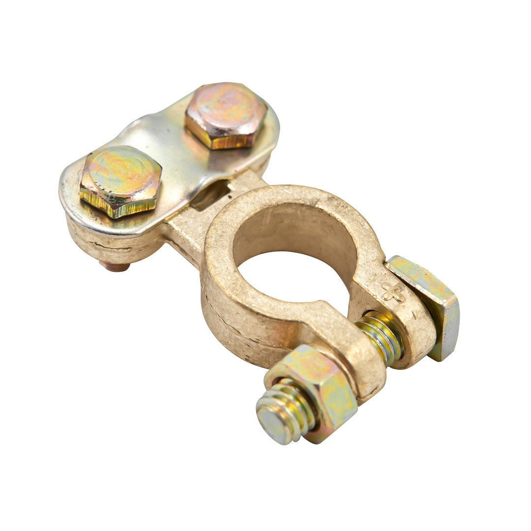 Close-up of Battery Link's Universal Battery Terminals with an open ring and two screws. The D.I.Y.-friendly clamp uses a bolt and nut mechanism for secure battery terminal connections.