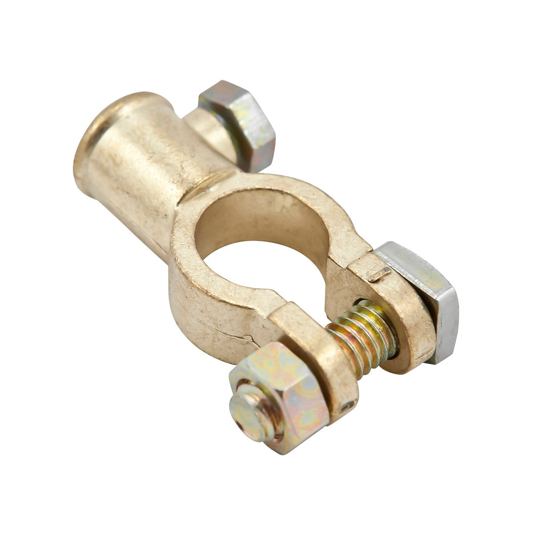 The Battery Link Universal Battery Terminals feature a circular opening, two screws, and a bolt for secure cable connection. Ideal for DIY replacement, they fit battery posts ensuring stable electrical connectivity.