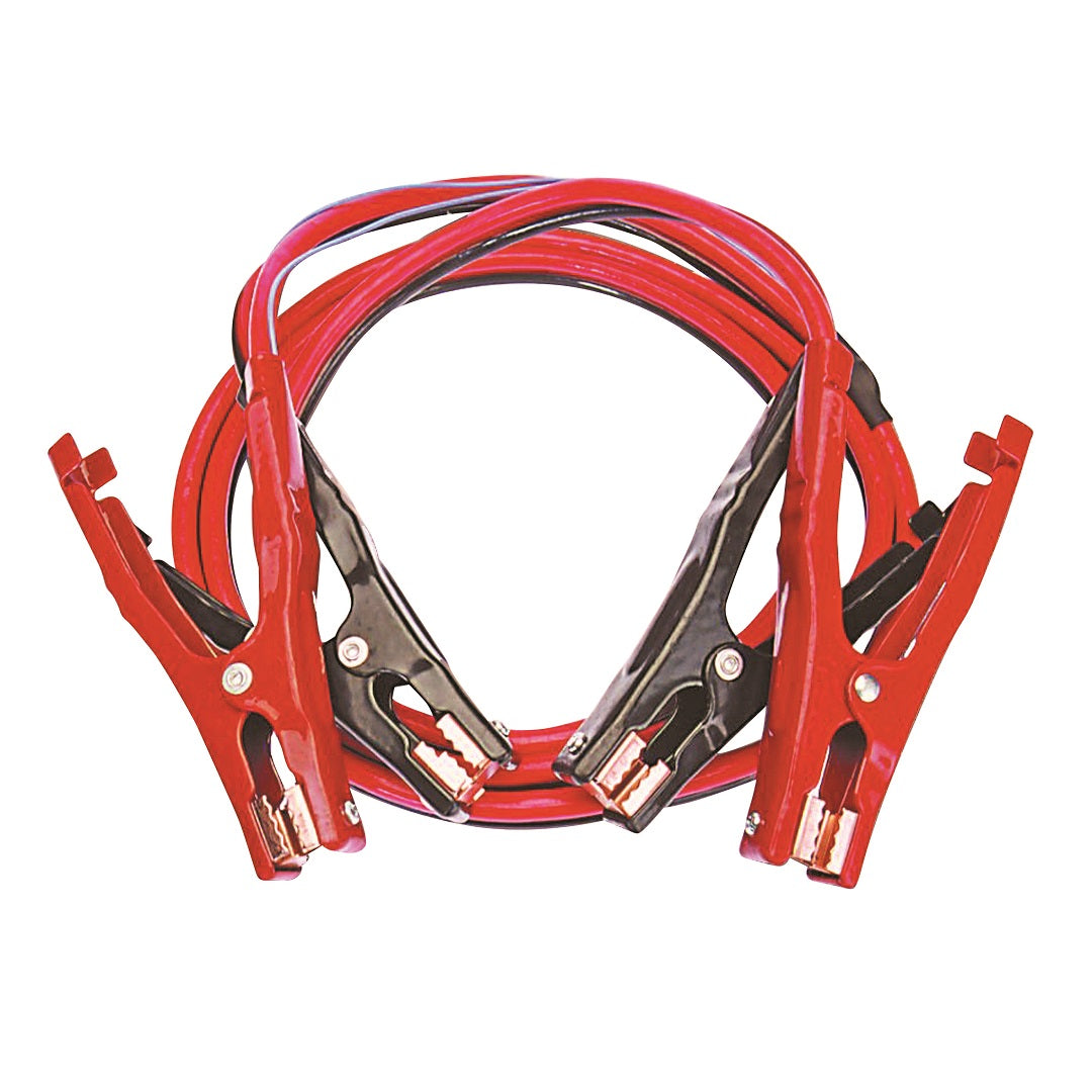 A set of red and black Battery Link Jumper Leads, rated at 400 Amp, coiled together and equipped with metal clamps at each end for efficient connection to car batteries.