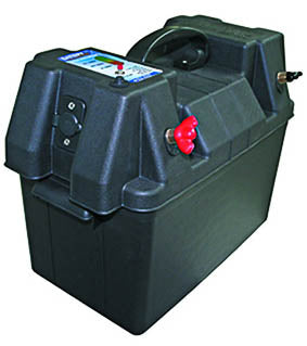 The Battery Link Battery Box Powered, by Battery Link, is a black and gray marine battery box featuring a sturdy carrying handle on top. Its robust and utilitarian design includes various connectors and terminals, including a red positive terminal, a black negative terminal, and even a 12V accessory socket for added versatility.