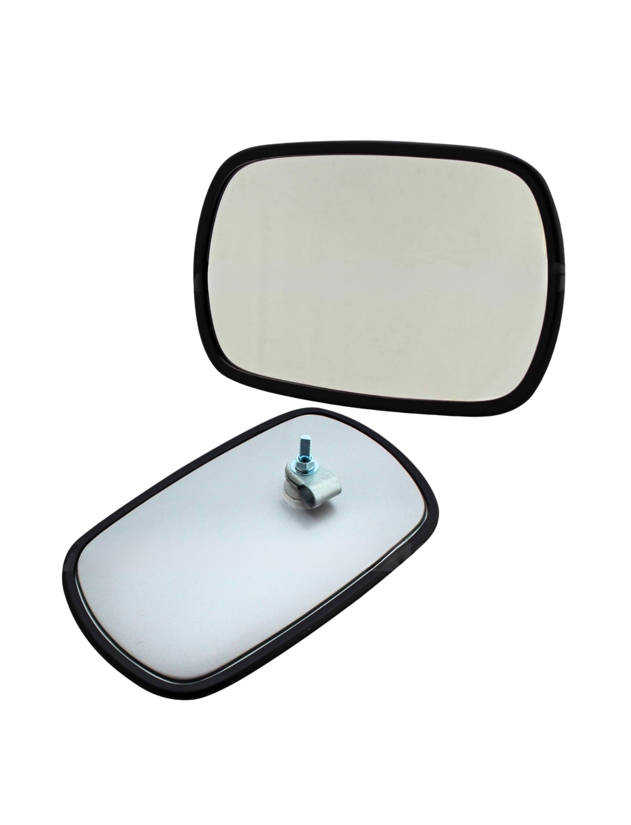 Two Sunland-Protection rectangular mirrors, model "MIRROR HEAD TRUCK/BUS - LARGE 260x160mm," are shown. One has an adjustable mount, while the other shows its backing bolt. Set against a white background, their sleek black frames highlight easy installation and modern design.