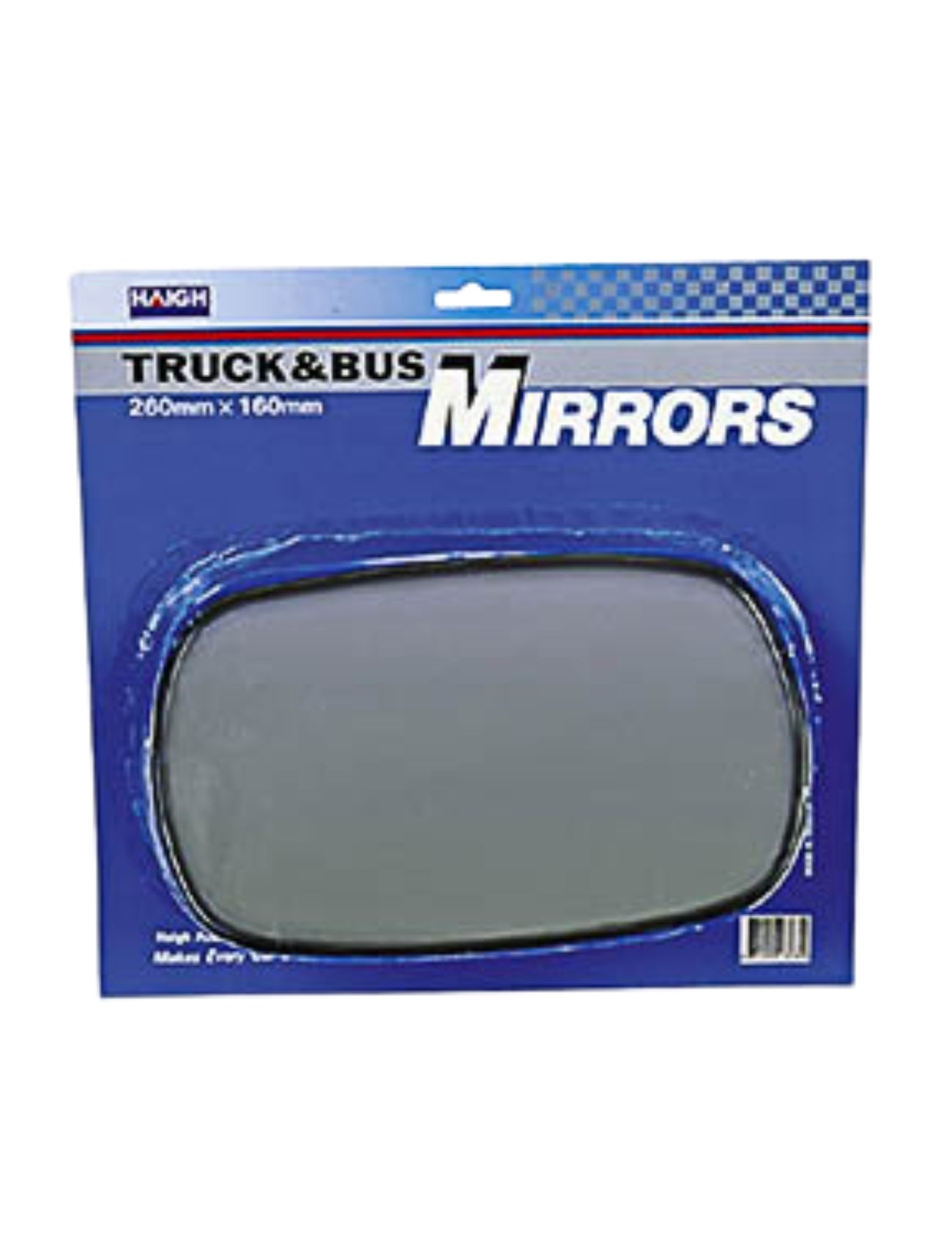 A packaged rectangular mirror for trucks and buses by Sunland-Protection, measuring 260mm x 160mm, features an adjustable ball mount. The blue packaging with white and black text complements its practical design.