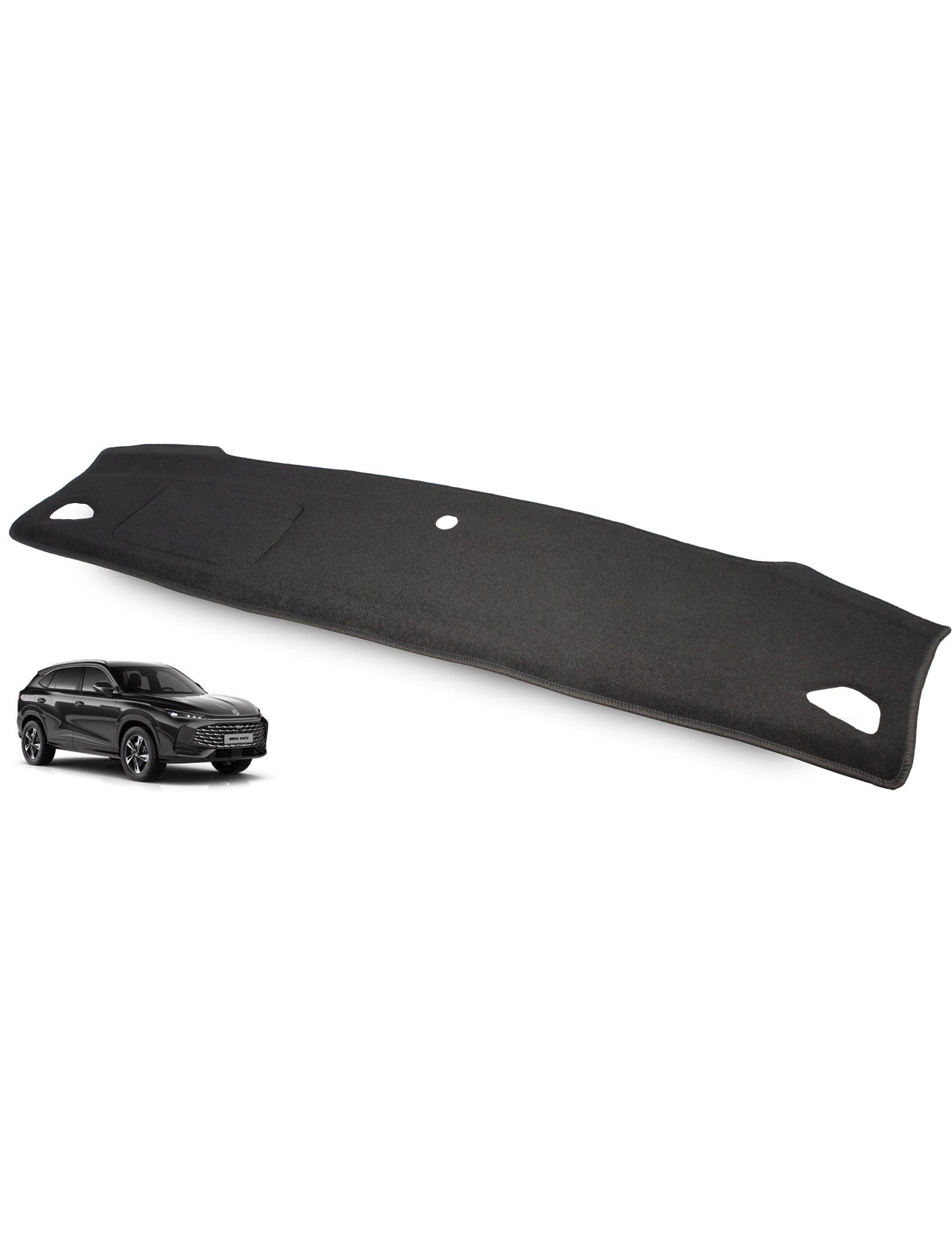 A Sunland Dash Mat in black, tailored for the MG HS AS33 All Models from April 2024 onwards, is showcased, featuring outstanding glare reduction. The cover is presented in its entirety to emphasize its shape and fit. In the bottom left corner, a small image of a sleek black SUV underscores its role in enhancing protection for resale value.