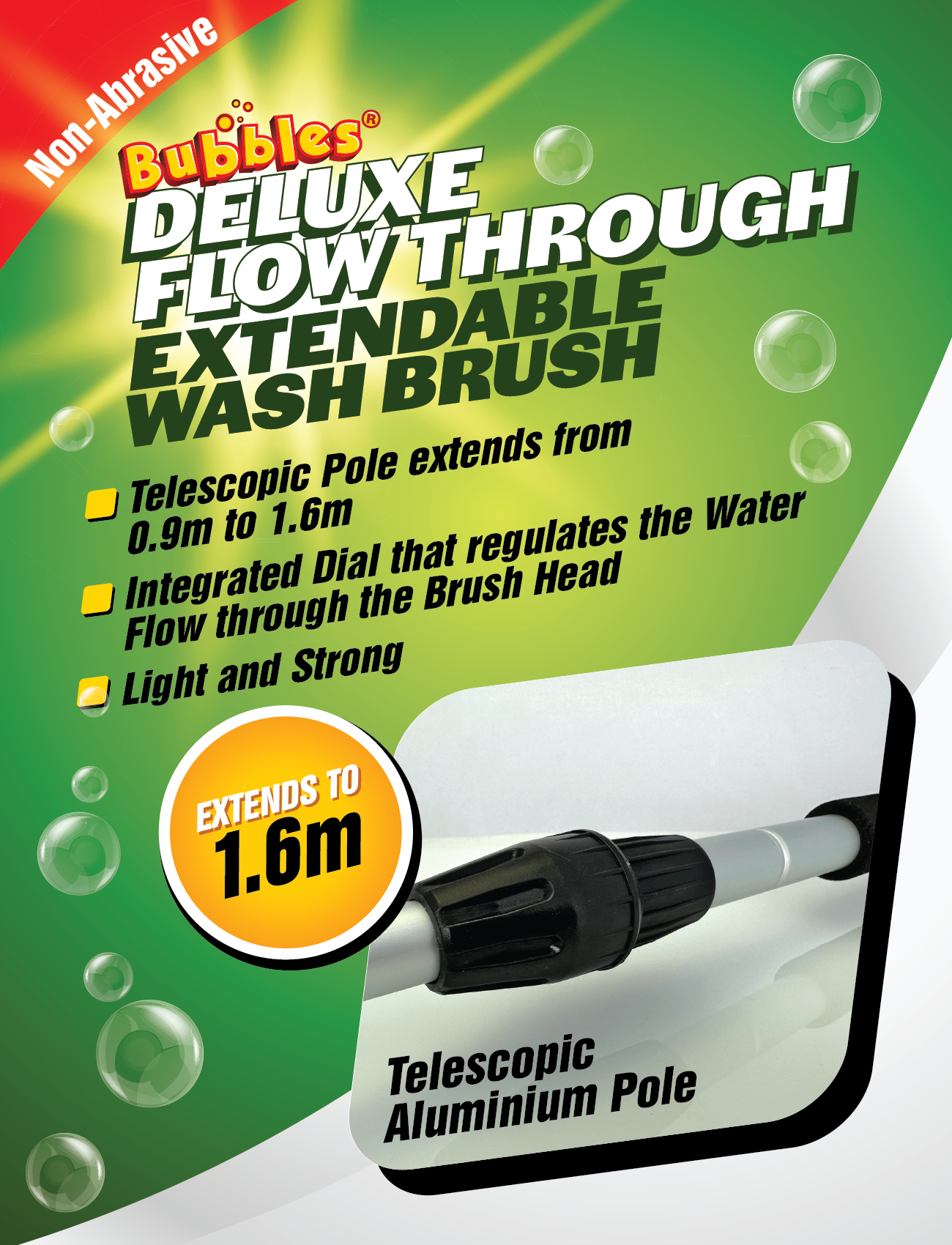 The "Bubbles Extendable Car Wash Brush" packaging highlights its telescopic pole (0.9m-1.6m), integrated water flow dial, and lightweight design, featuring an image with brush details and bubbles.