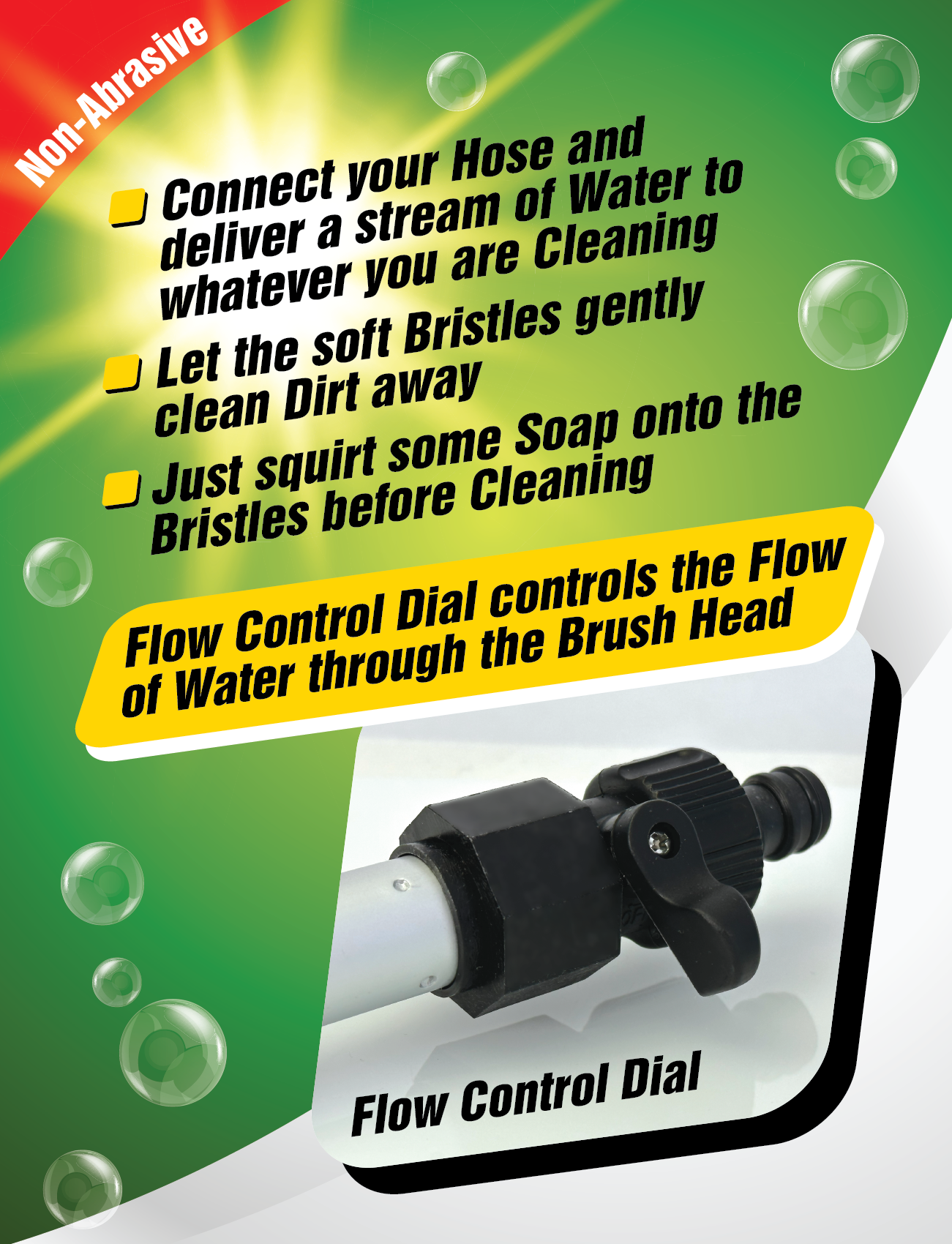 Promotional image featuring the Bubbles Extendable Car Wash Brush, extending to 1.6M and equipped with a water flow control dial. Includes hose connection instructions, soft bristles for gentle cleaning, soap use guidance, a non-abrasive label, and background bubbles for a fresh vibe.