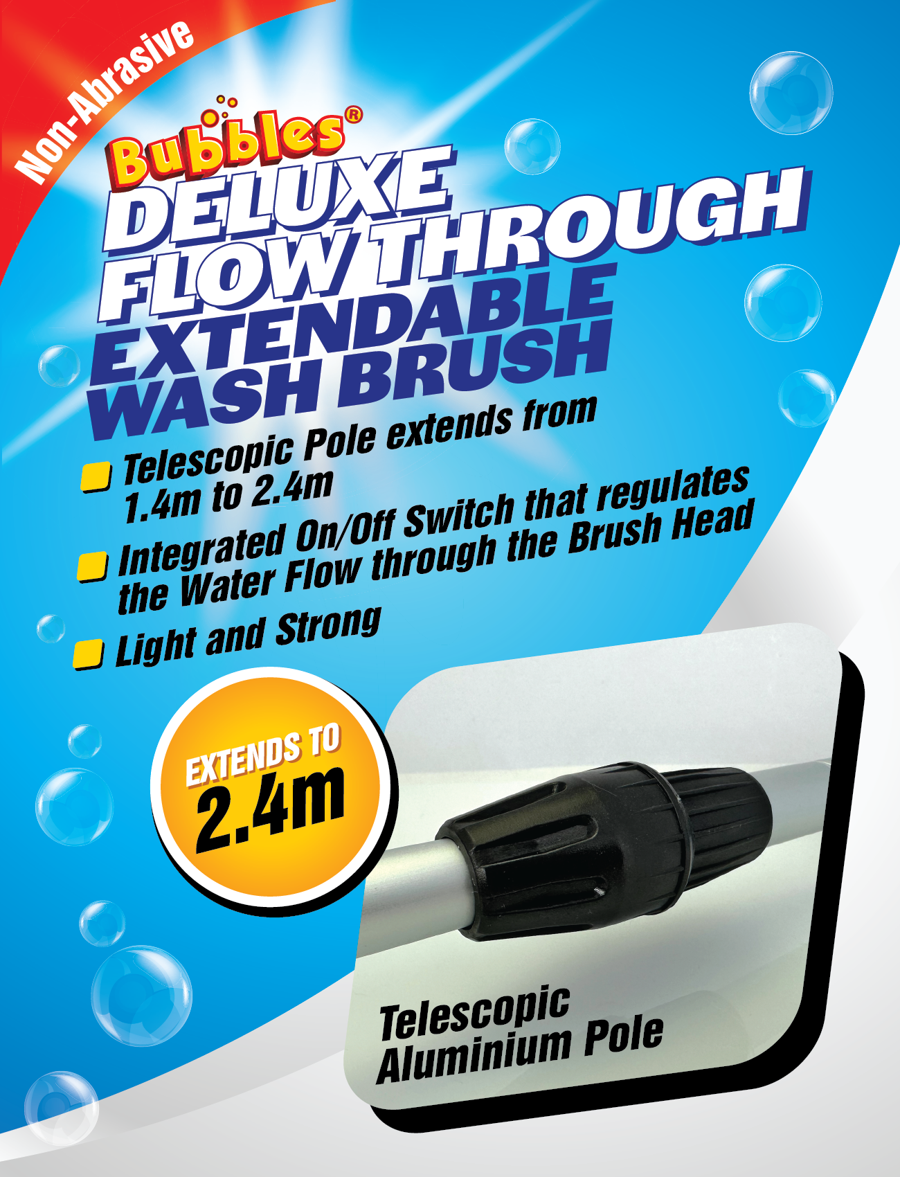 The "Sunland-Protection Extendable Car Wash Brush" packaging highlights its soft bristles, non-abrasive features, and bubble design. It boasts a telescopic pole extending from 1.4m to 2.4m, an integrated on/off switch, and a lightweight yet strong aluminum frame.