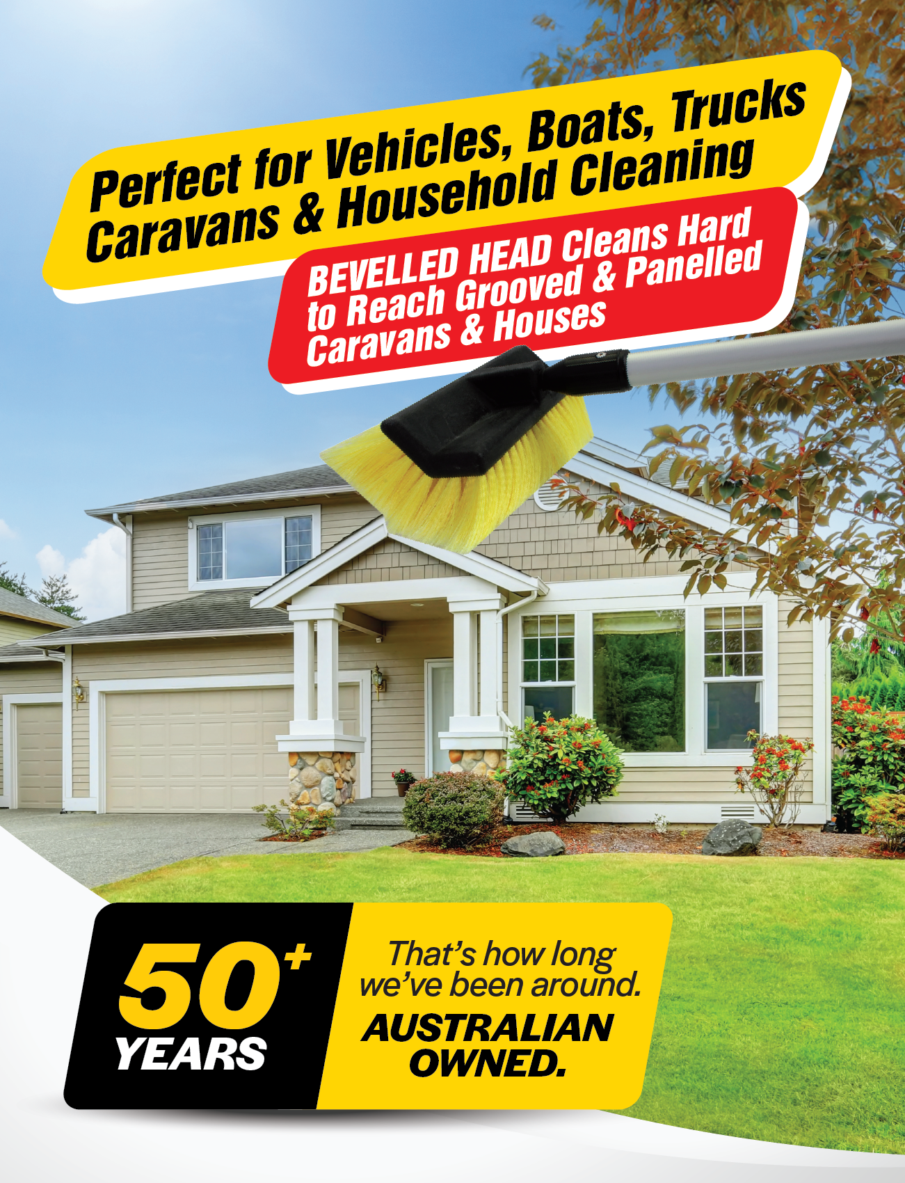 A charming two-story house with a stone facade and landscaped yard. Featuring the Sunland-Protection Extendable Car Wash Brush, which extends to 2.4m, offers soft bristles and an integrated on/off switch for vehicle and household cleaning. Proudly over 50 years of Australian ownership.