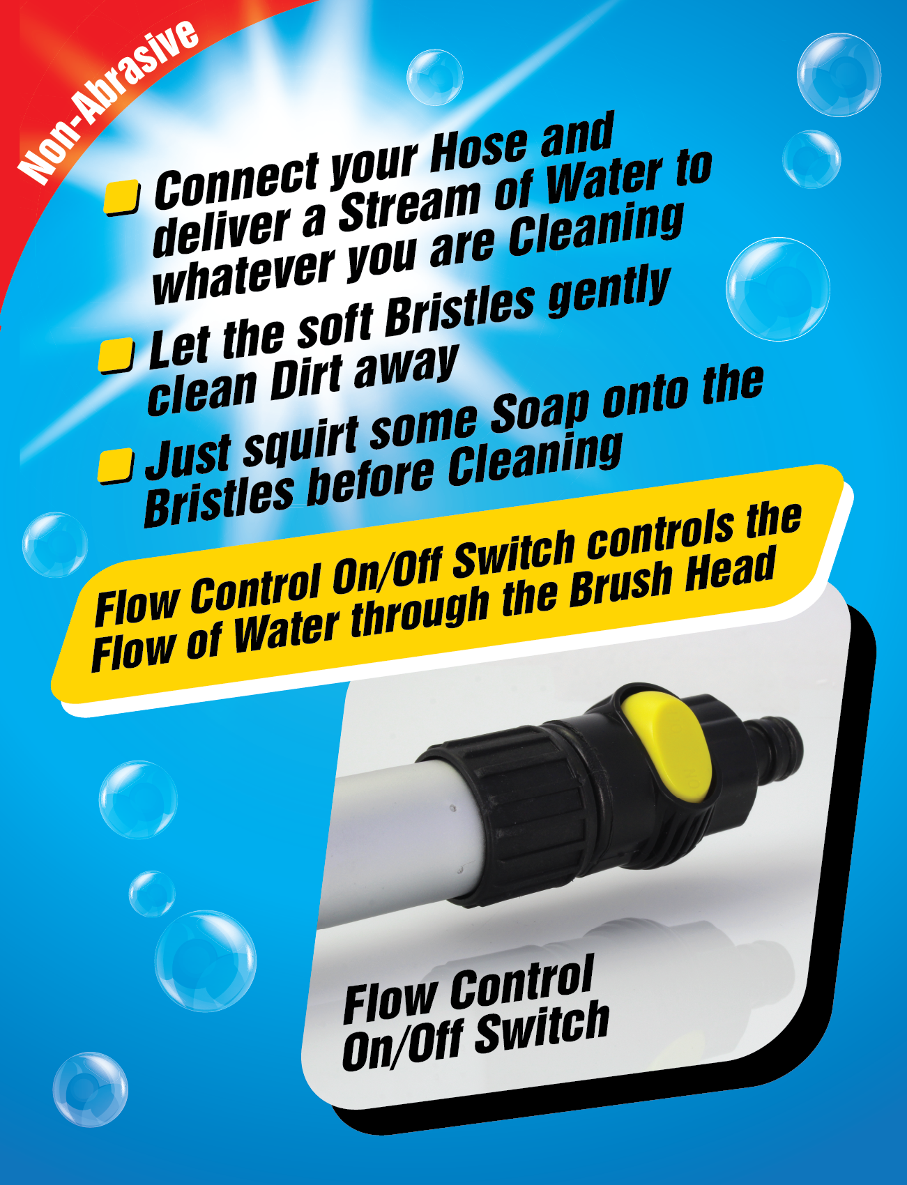 Promotional image for Sunland-Protection's Extendable Car Wash Brush (2.4m) showing water droplets. Features: soft bristles, easy soap application, integrated on/off switch. Instructions: connect hose, clean gently with soap. Non-abrasive label at top left.