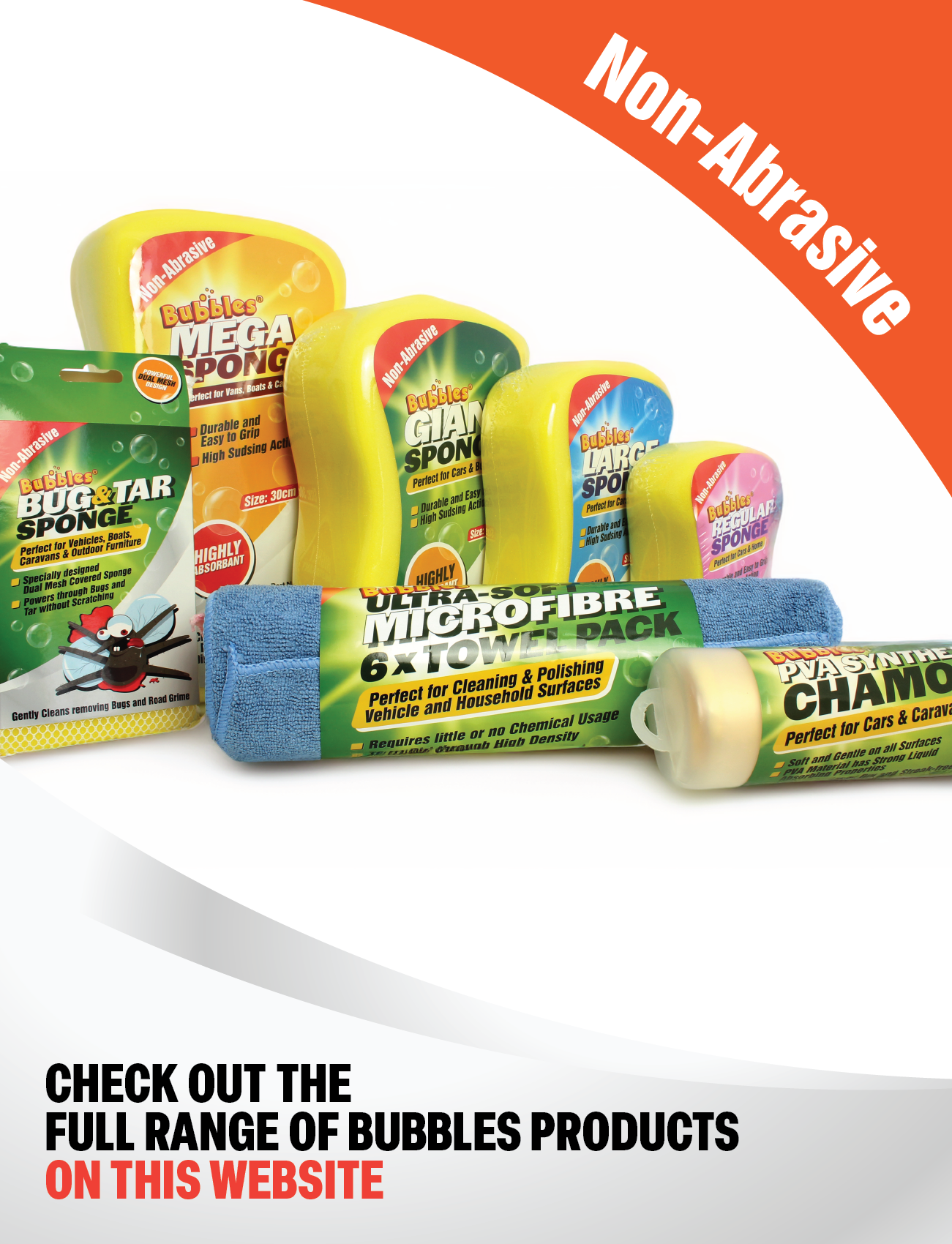 A selection of Sunland-Protection cleaning products is displayed, including an Extendable Car Wash Brush that extends to 2.4m. The text highlights non-abrasive items and invites viewers to explore the full range on the website.
