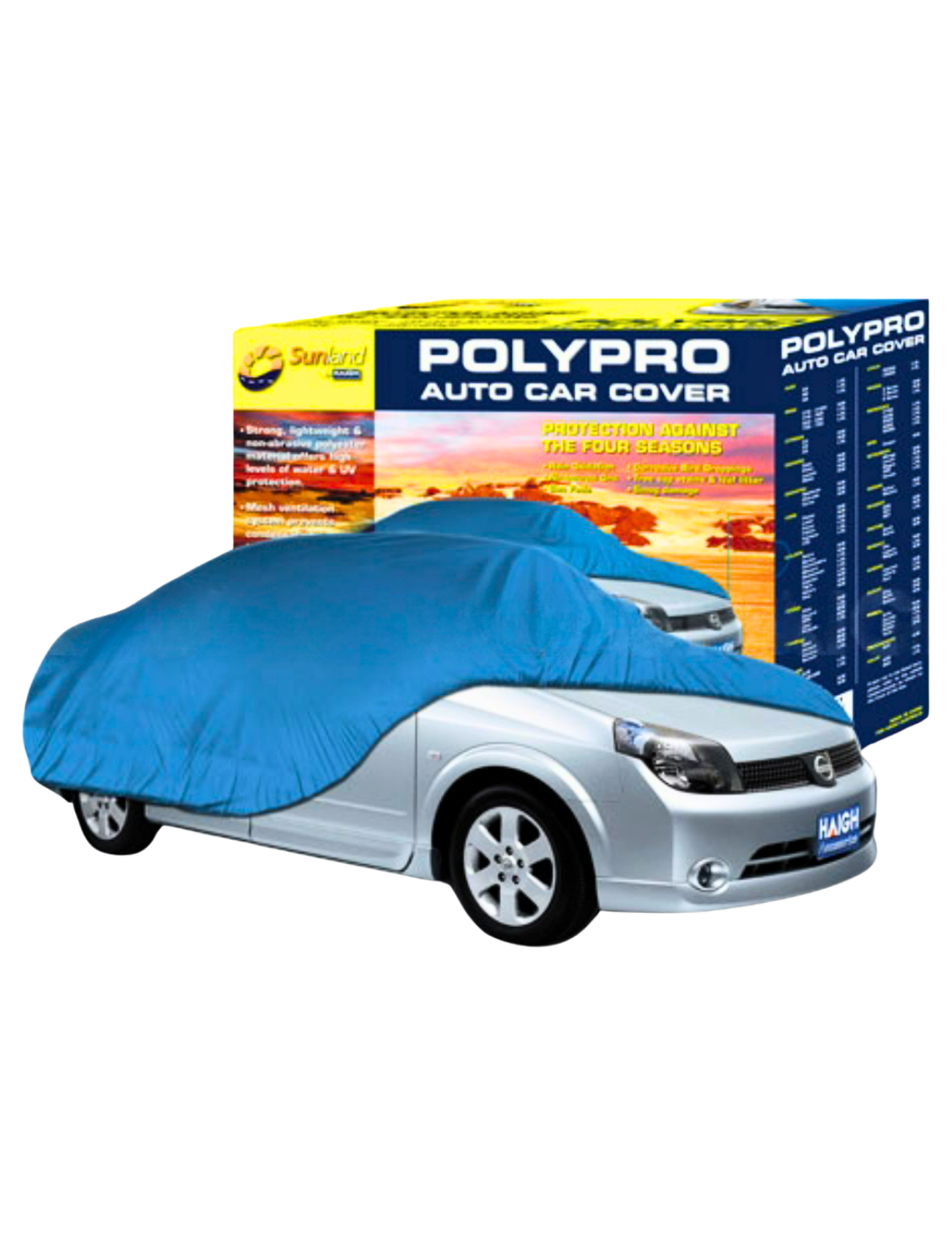 A silver car is snugly enveloped in a blue Sunland-Protection Car Cover - LARGE/X-LARGE. Behind it, packaging highlights features like a mesh ventilation system and UV protection, showcasing defense against diverse weather conditions.