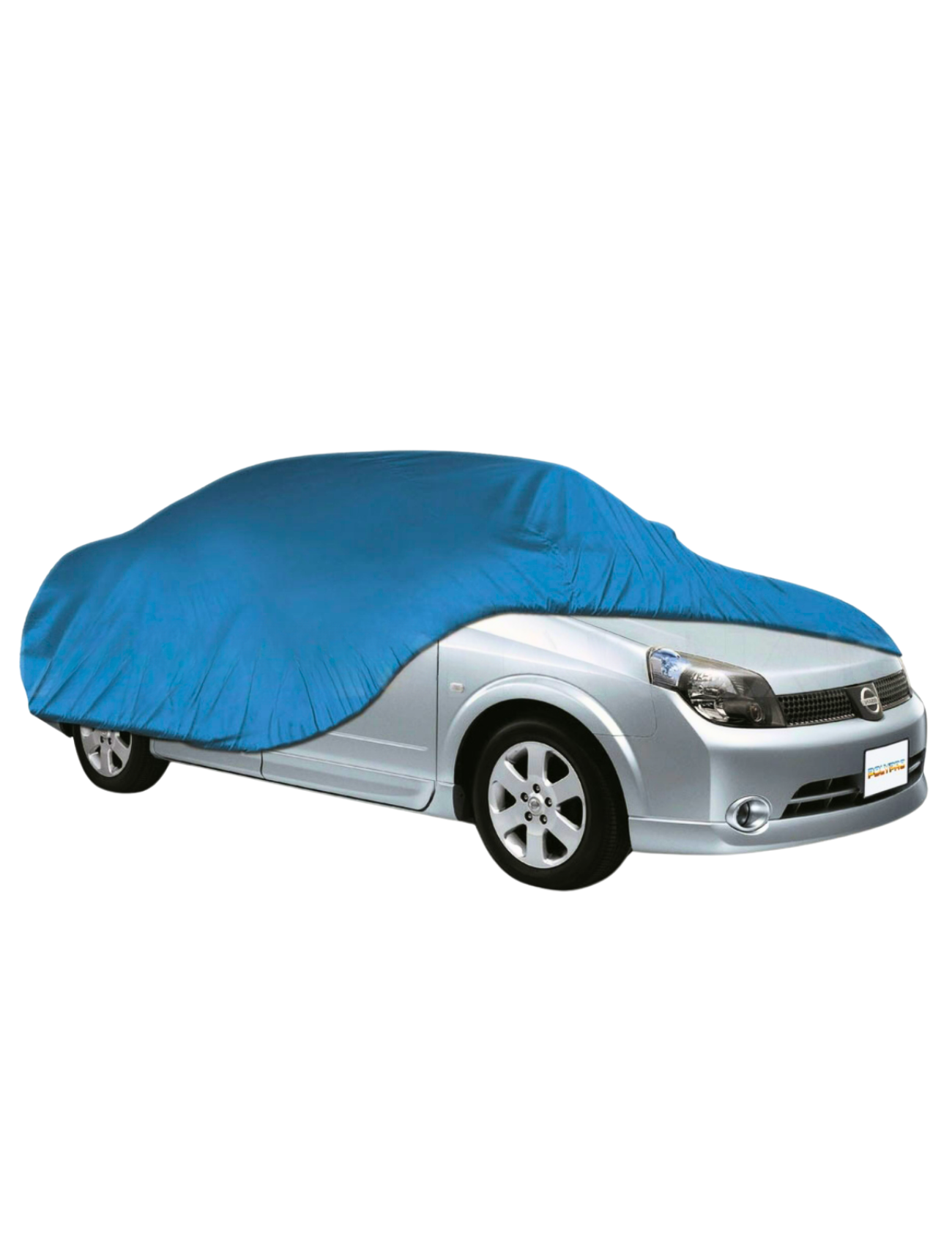 A silver car is parked beneath a Sunland-Protection Car Cover - LARGE/X-LARGE. The front and rear wheels peek out, along with part of the bumper. Featuring a sleek blue design, it provides UV protection and has a mesh ventilation system for airflow, preserving the vehicle's finish.