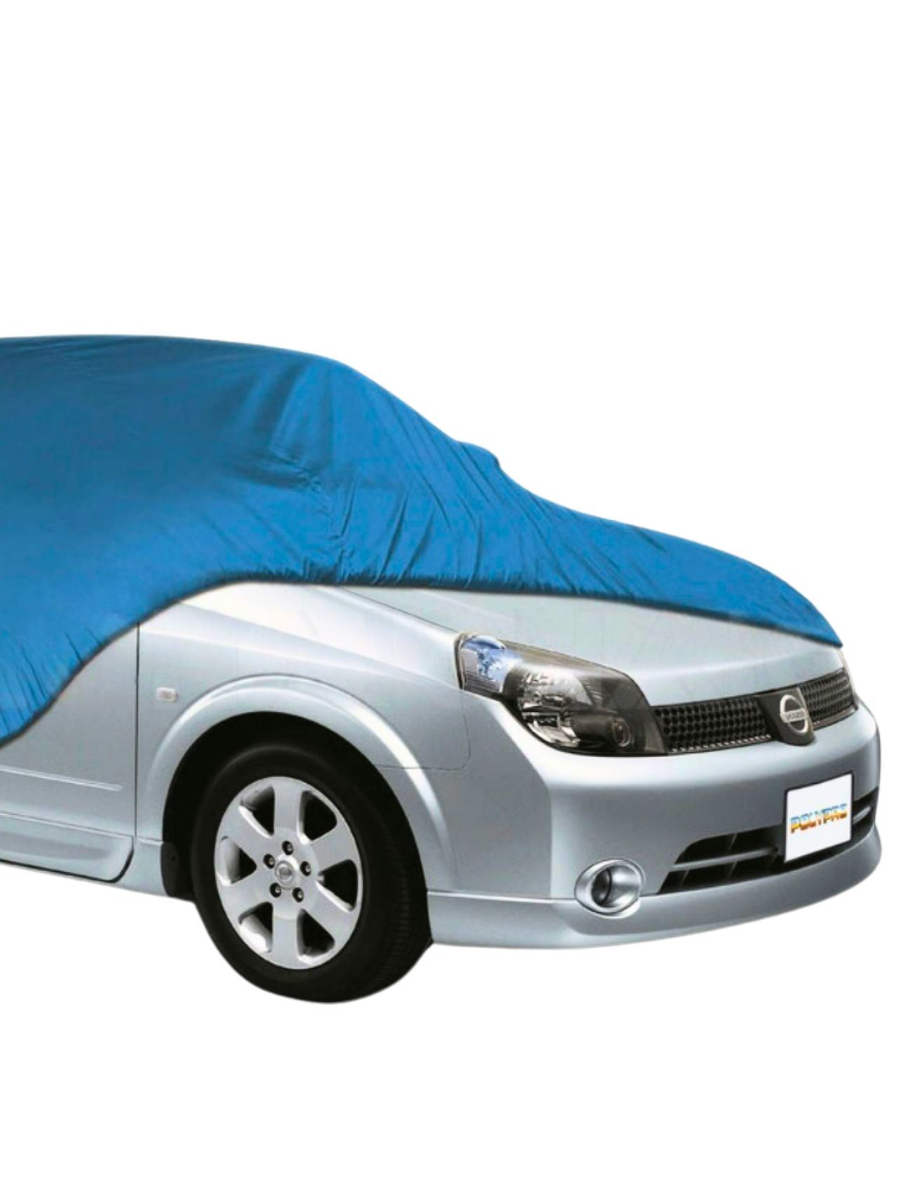 A Sunland-Protection Car Cover - LARGE/X-LARGE, in blue with UV protection, partially shields a silver car by covering the windshield and hood but leaves the lights and front wheels exposed. Its sleek design and mesh ventilation enhance its elegance against a plain white backdrop.